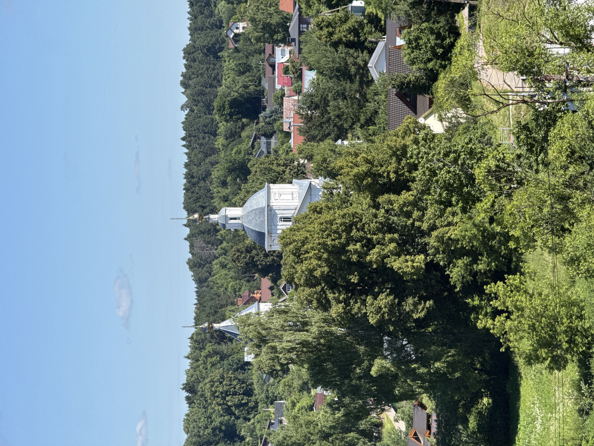 This is a high-angle, medium-shot photograph of a village nestled within a heavily wooded area, likely in Vereya, Russia. The scene is dominated by lush green trees of various sizes and types, with a dense forest forming the backdrop of the image. Several houses with red and brown tiled roofs are interspersed among the trees, indicating a residential area.
Two prominent white church buildings with gilded domes and tall spires rise above the treeline. The building on the left has a gray-blue domed roof, while the one on the right has a more traditional rounded dome. The architecture suggests they are Orthodox churches.
In the foreground, a grassy field with scattered white wildflowers slopes downwards. Several utility poles with wires are visible in the lower right portion of the image. The sky is clear blue with a few wispy clouds. There are no people visible in the scene. The overall impression is one of a peaceful, rural setting characterized by abundant nature and traditional architecture.
