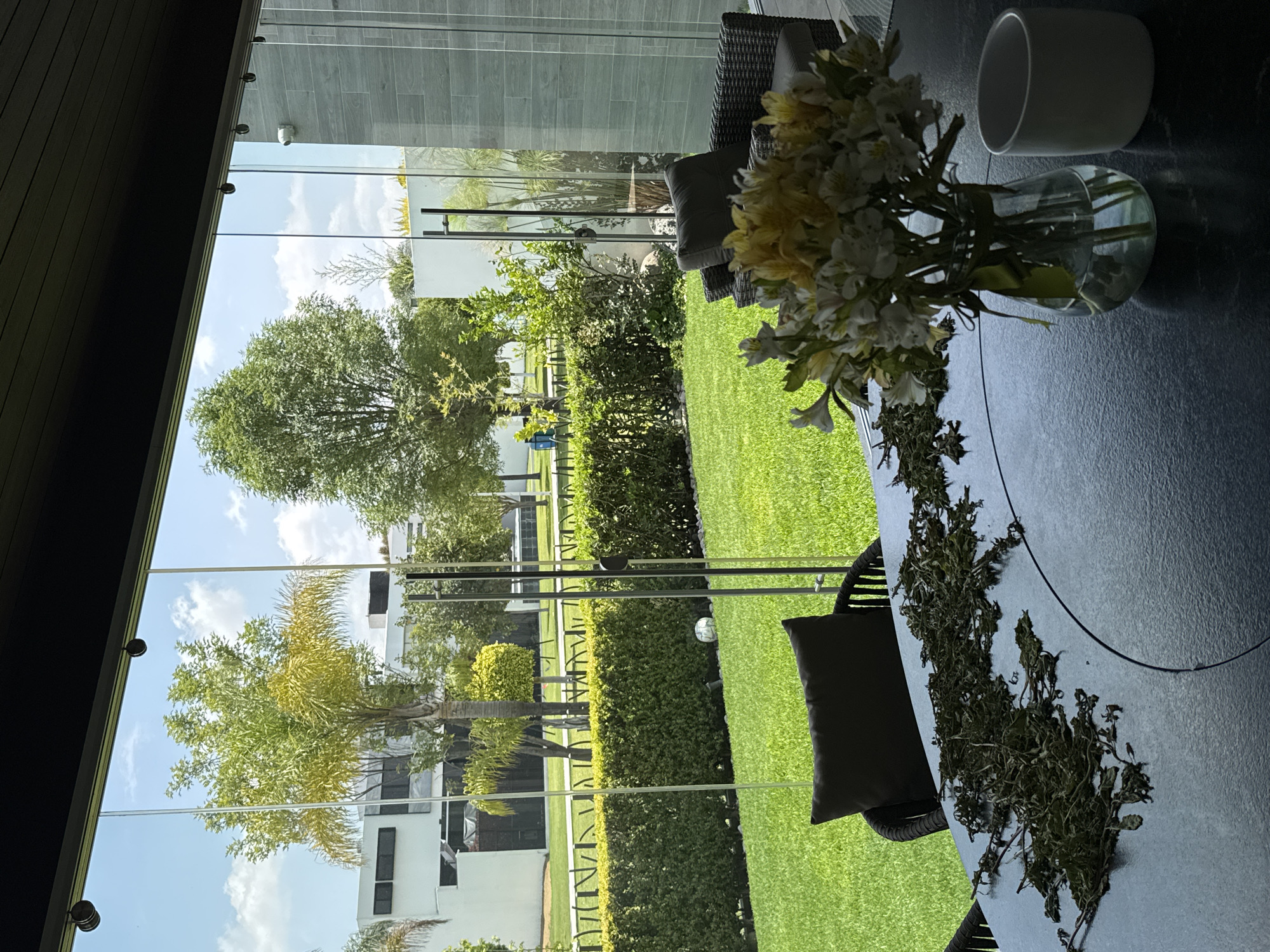 The image shows an interior view looking out through a large glass window. Outside, there's a green lawn, trees, and hedges, suggesting a garden or yard. Buildings are visible in the background. Inside, on a dark-colored table, there's a vase with flowers, a white mug, and some dried leaves or plant matter scattered around. A wicker chair with a dark cushion is positioned near the table. The location is San Bernardino Tlaxcalancingo, Mexico.