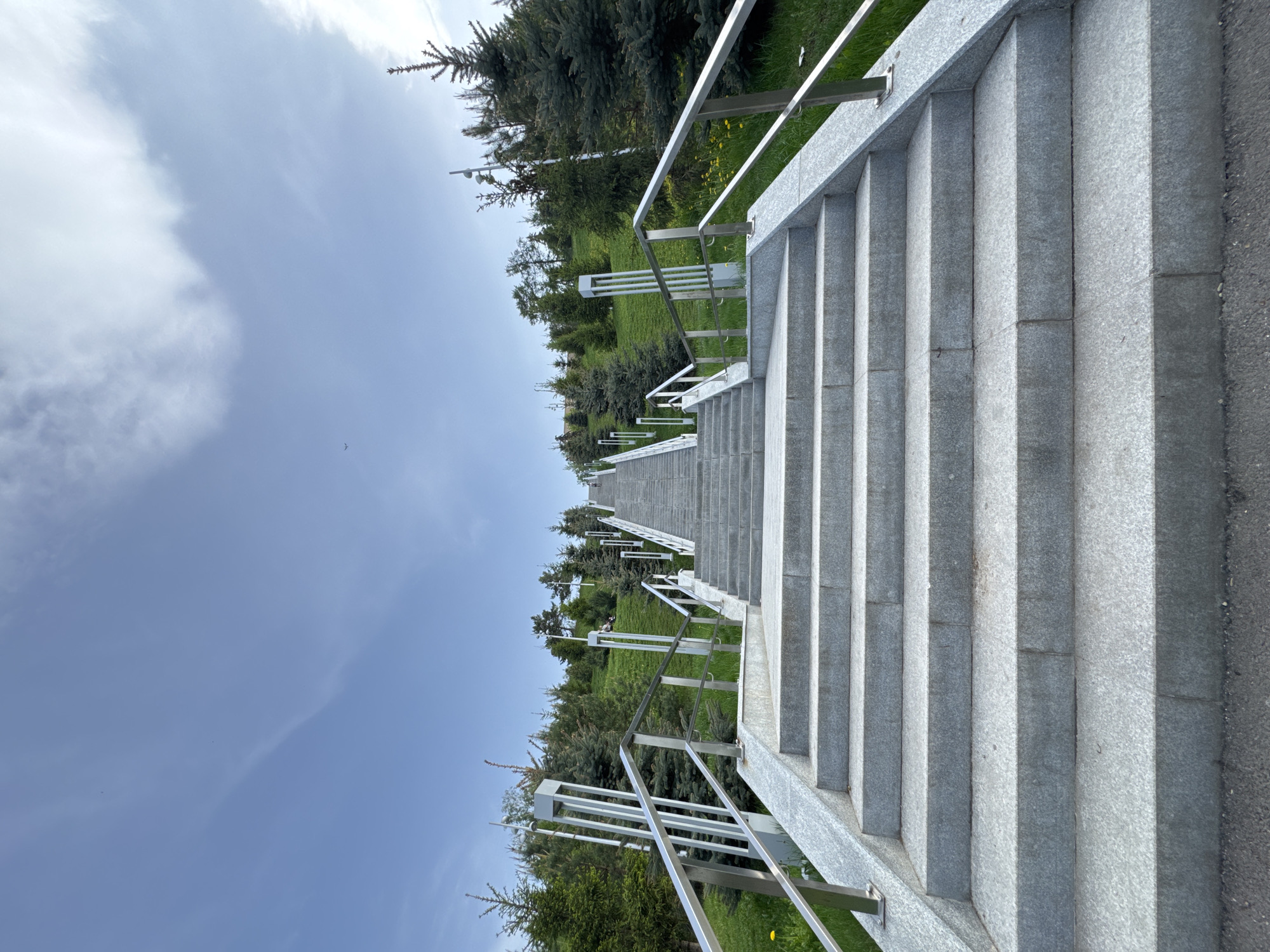 The image shows a long, wide set of granite stairs with stainless steel railings, ascending a grassy slope in a park. The scene is framed by evergreen trees and lampposts. The sky is overcast with clouds. The perspective is from the bottom of the stairs, looking upwards. The location is likely Kazan, Russia, given the architectural style and vegetation. There are no visible people.