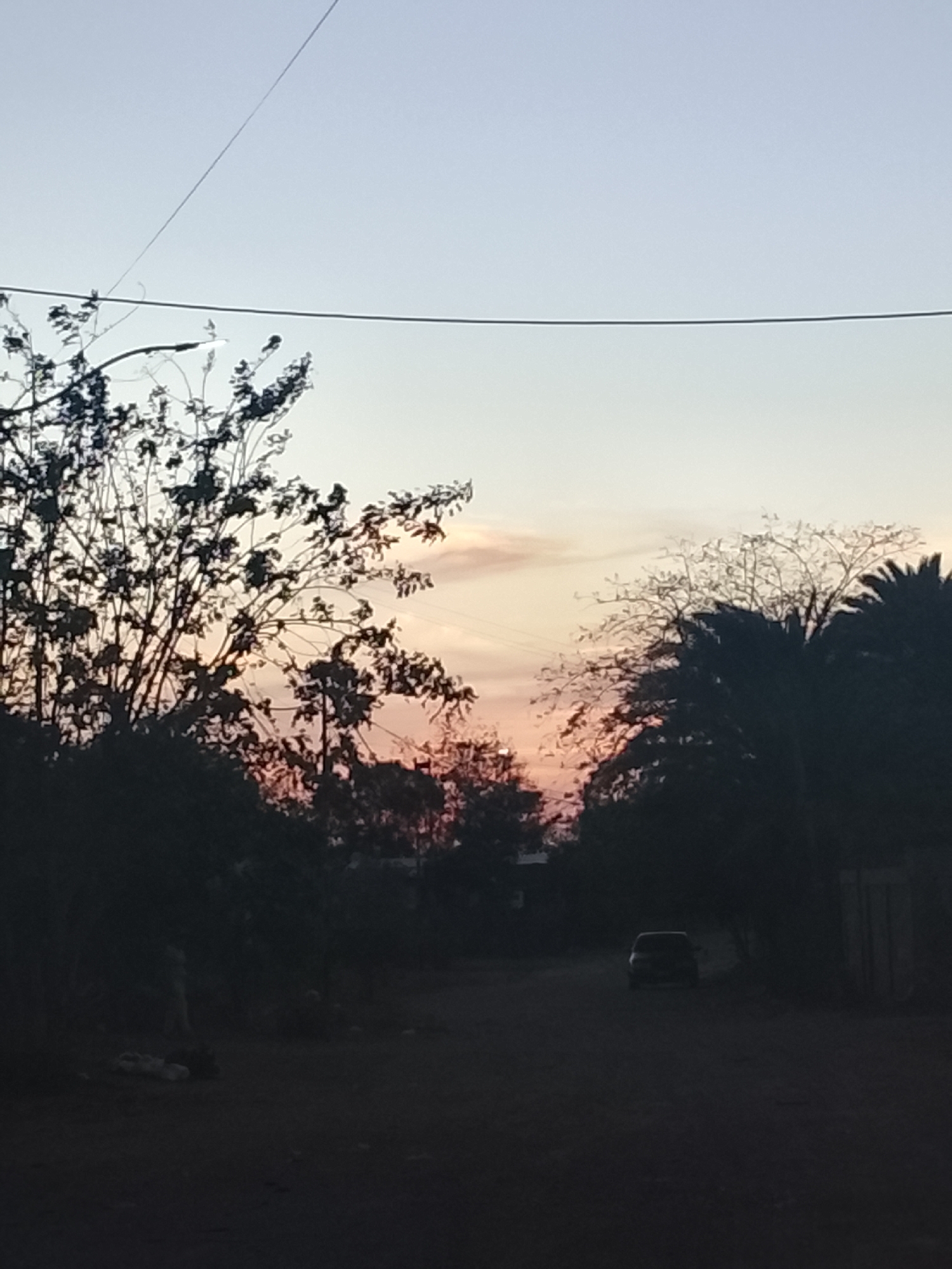At dusk, the photograph depicts a dirt road in Altagracia, Venezuela. The road leads away from the viewer, framed by silhouetted trees and vegetation on either side. The sky transitions from a light blue near the top to a reddish-orange near the horizon. An automobile is parked in the distance on the road. Power lines are visible against the sky.