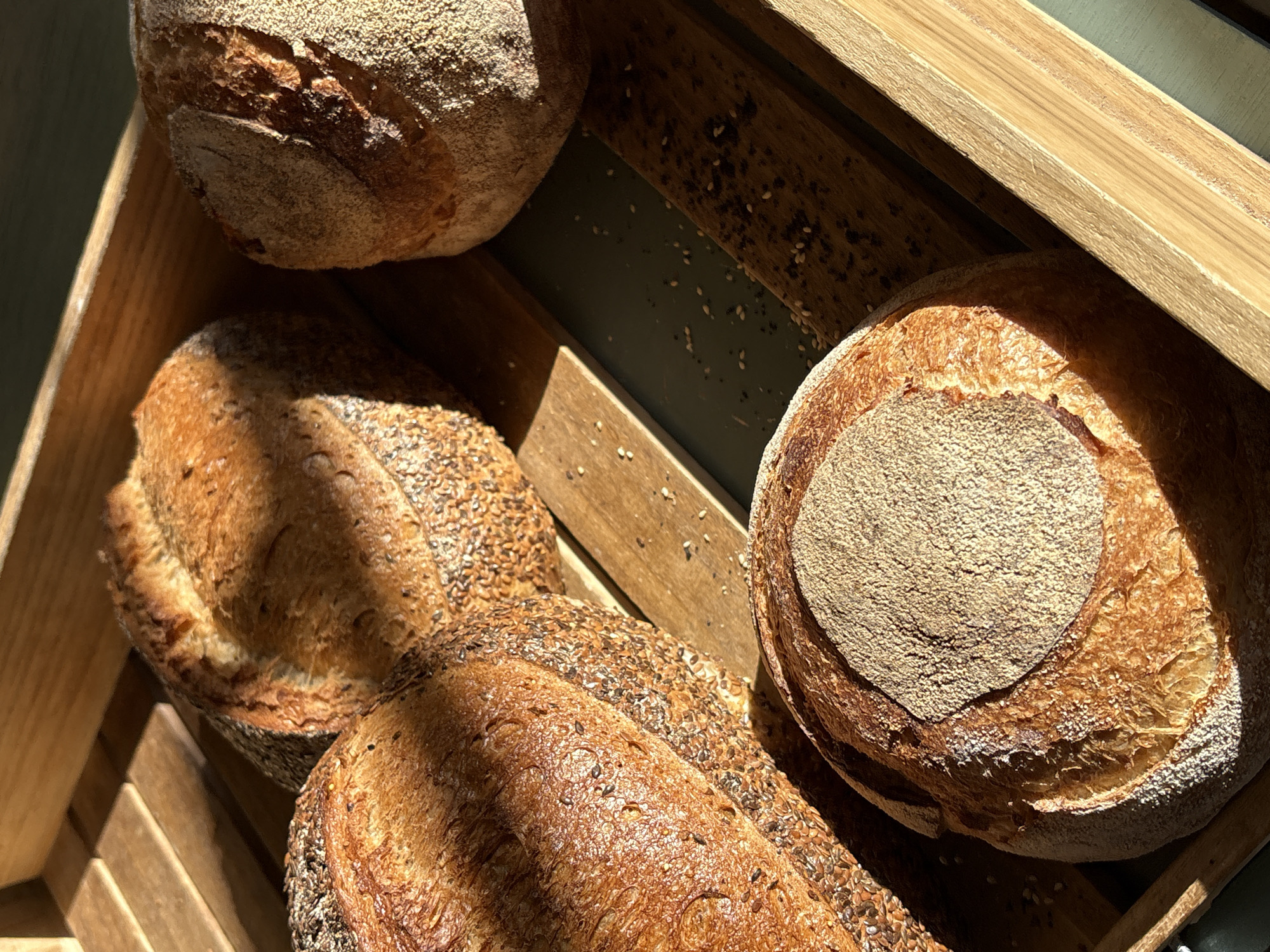 The image shows a wooden tray containing four loaves of bread. Two are round and have a circular dusting of flour on top, while the other two are oblong and covered in seeds. The tray has wooden slats and contains some loose seeds. The backdrop behind the tray is a dark green, possibly a wall or surface. The scene is brightly lit, casting shadows on the bread and tray. The location, London, United Kingdom, is not visually discernible from the image alone.