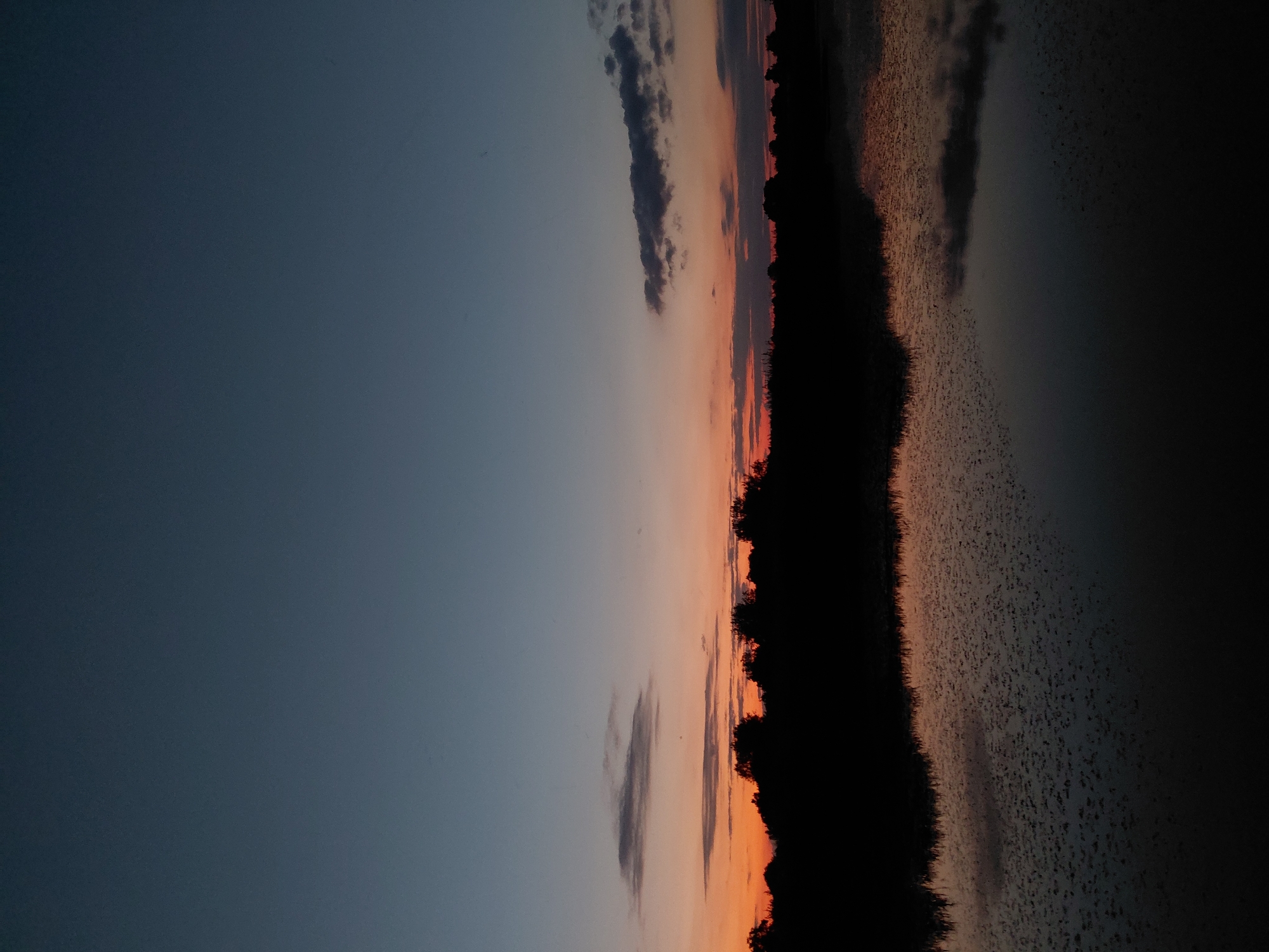 The image depicts a serene, twilight scene over a body of water, likely a lake or river, in Ustyvytsia, Ukraine. The sky transitions from a deep, twilight blue at the top to hues of orange and pink near the horizon, indicating the sun has recently set or is about to rise. Silhouetted trees form a dark, jagged line along the distant shore, obscuring any details of the land beyond. The water's surface is calm, reflecting the muted colors of the sky and the dark outline of the trees. Small, irregular patterns on the water's surface suggest ripples or possibly aquatic vegetation. There are no people or animals visible in the frame. The overall impression is one of stillness and natural beauty.
