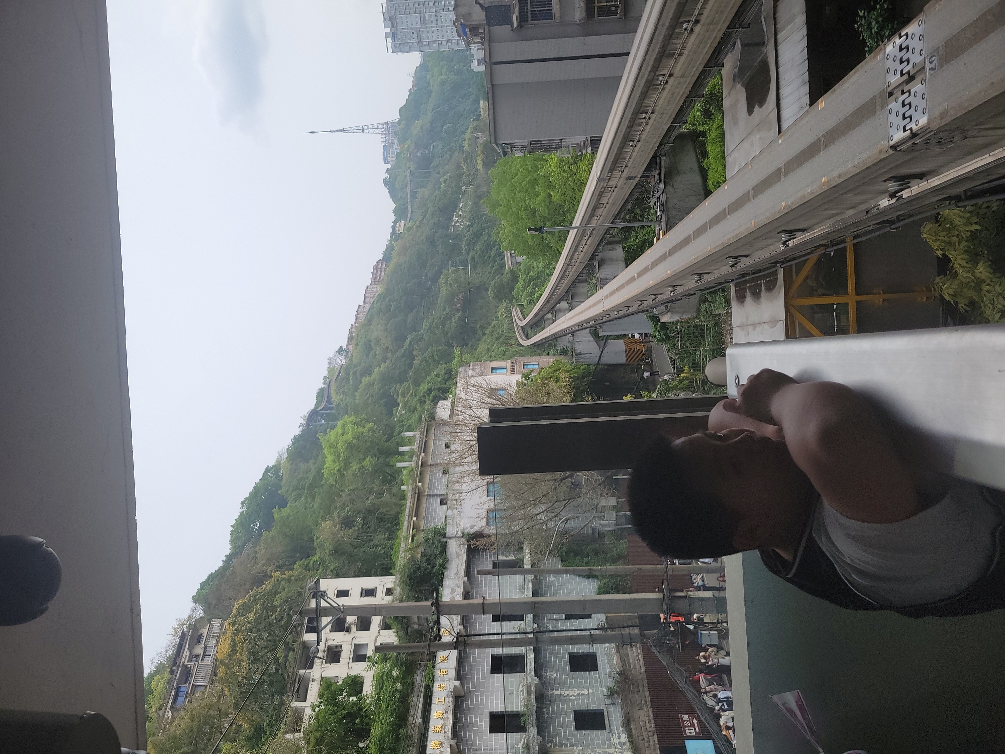 The image depicts a scene in Yuzhong District, Chongqing, China, viewed from a moving rail vehicle. A monorail track curves through the landscape. Dense vegetation covers the hilly terrain, interspersed with buildings. In the foreground, a person with dark hair is visible inside the railcar. The sky is overcast. A tall communications tower is visible in the distance atop a mountain. Residential buildings and businesses are seen alongside the rail line.