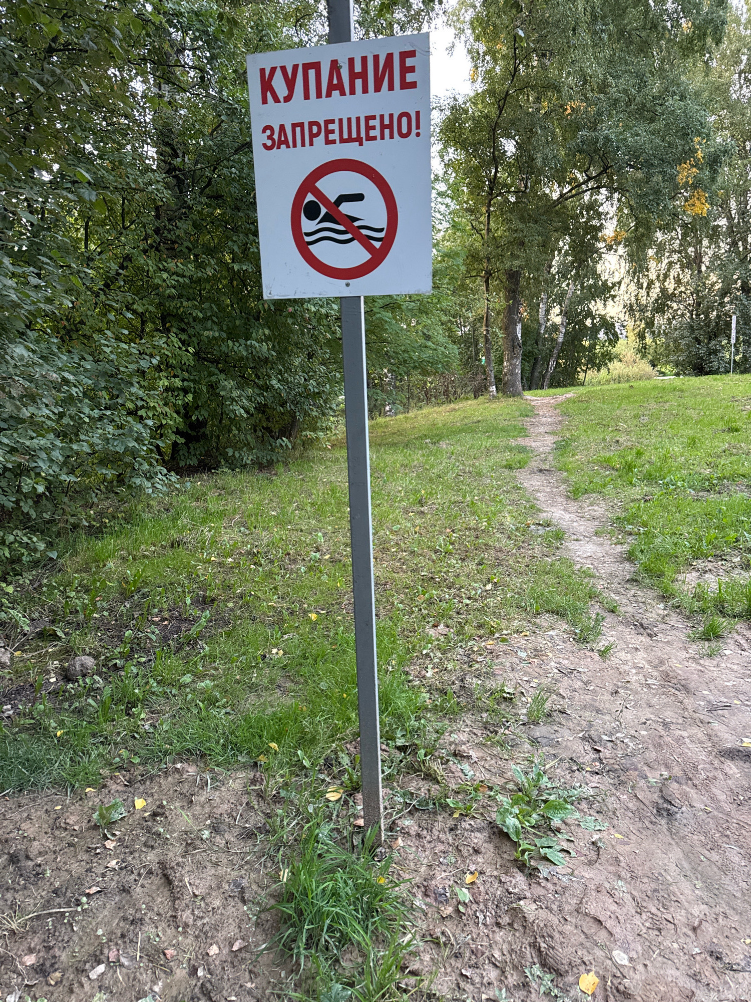 The image depicts a white sign with red lettering and a red prohibition symbol on a gray metal pole. The sign reads "КУПАНИЕ ЗАПРЕЩЕНО!" which translates to "SWIMMING IS PROHIBITED!". Below the text, there is a graphic of a person swimming with a diagonal line through it, signifying a prohibition. The sign is situated outdoors in a grassy area with trees in the background. A dirt path is visible to the right of the sign, leading uphill. The environment suggests a natural setting, possibly a park or recreational area. The exact location in Kudrovo, Russia, is not discernible from the image alone, but the sign indicates a restriction on swimming, likely near a body of water that is not visible in the frame. The lighting suggests it is daytime.