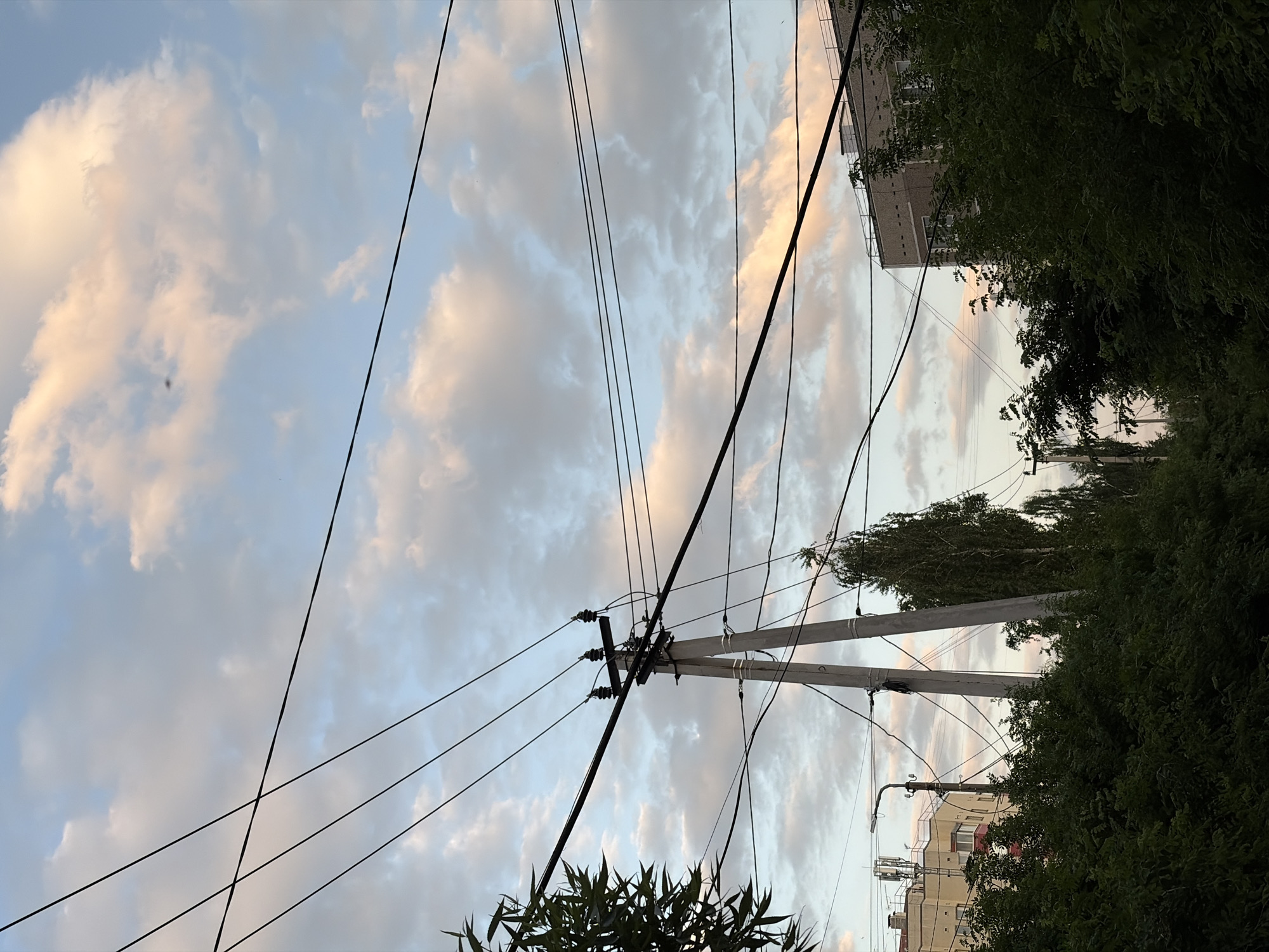 The image captures a view in Chaikovsky, Russia, looking upwards towards a sky filled with clouds tinged with the colors of sunset. Overhead power lines crisscross the scene, supported by concrete utility poles. Buildings are visible in the background, partially obscured by trees and foliage. The photo appears to be taken from street level, looking up and slightly angled.