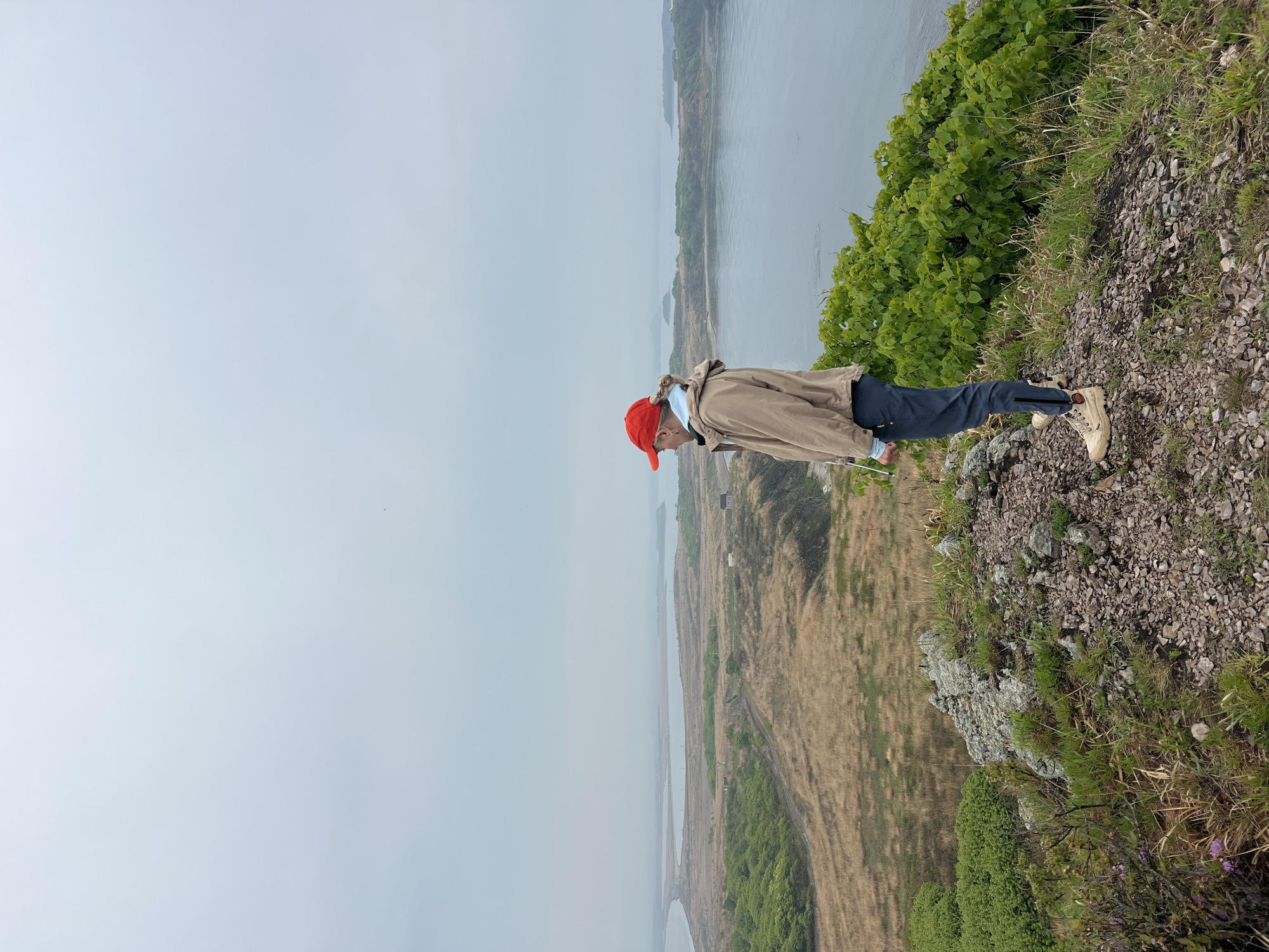 A person wearing a red cap, tan jacket, and dark pants stands on the edge of a cliff, looking out at the landscape. The cliff edge is rocky with vegetation. Below the cliff is a landscape of brown fields, green trees, and bodies of water. In the distance, there is a larger body of water, and the sky is overcast. This image was taken at Gvozdevo, Russia.
