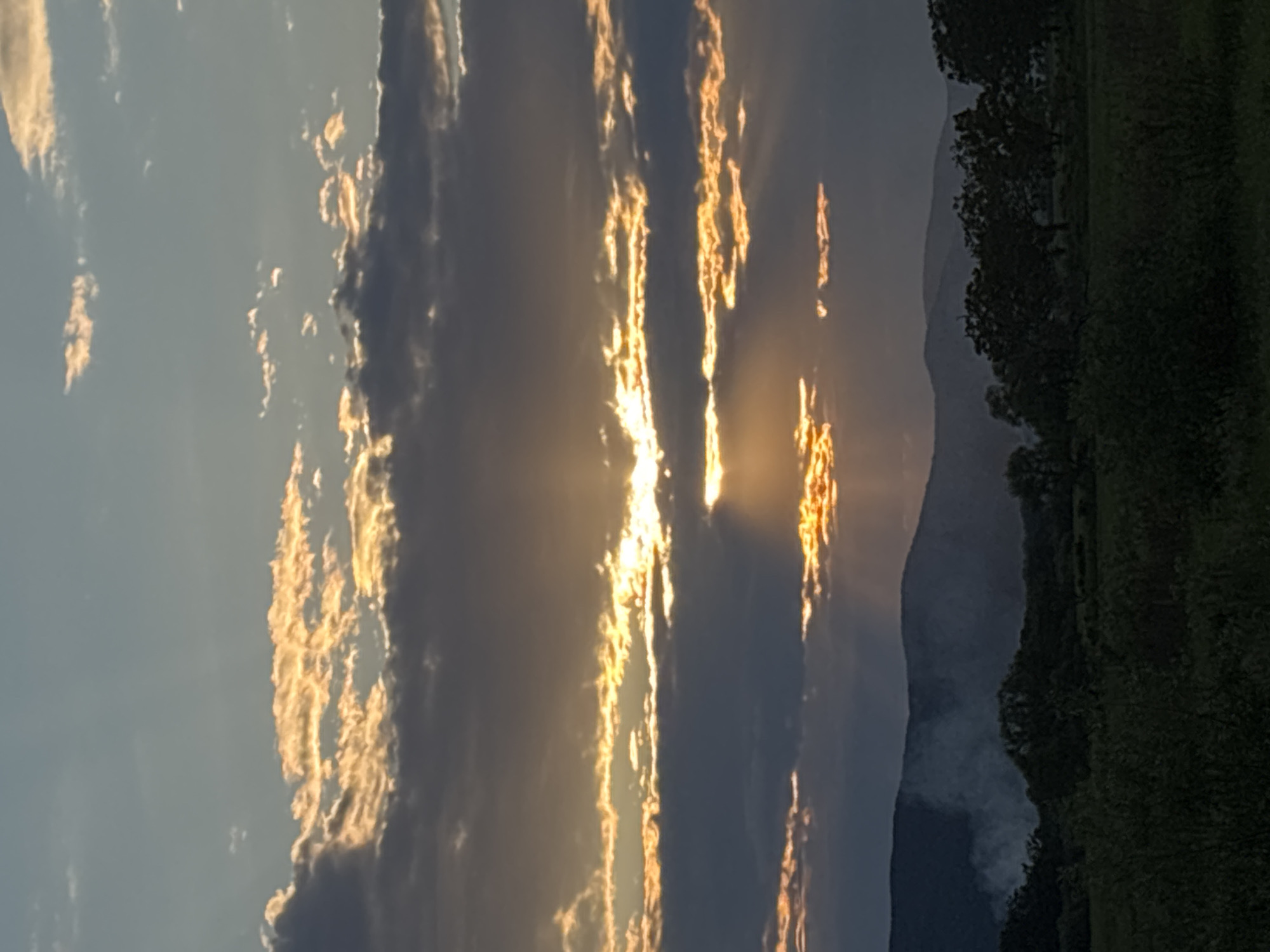 The image captures a sunset scene over a rural landscape. The sky is filled with dramatic clouds, some dark and heavy, others illuminated by the setting sun with brilliant golden and orange hues. Rays of sunlight are piercing through the clouds, creating a celestial spectacle. Below the sky, a range of silhouetted mountains forms the horizon. In the mid-ground, there is a dark line of trees. In the foreground, there is dense foliage, with darker shadows suggesting the low light conditions of evening. A plume of white smoke is visible rising from the base of the mountains, adding a touch of mystery to the scene. The overall impression is one of natural beauty and tranquility, tinged with a hint of the dramatic. The location is the city of Unknown, Unknown.