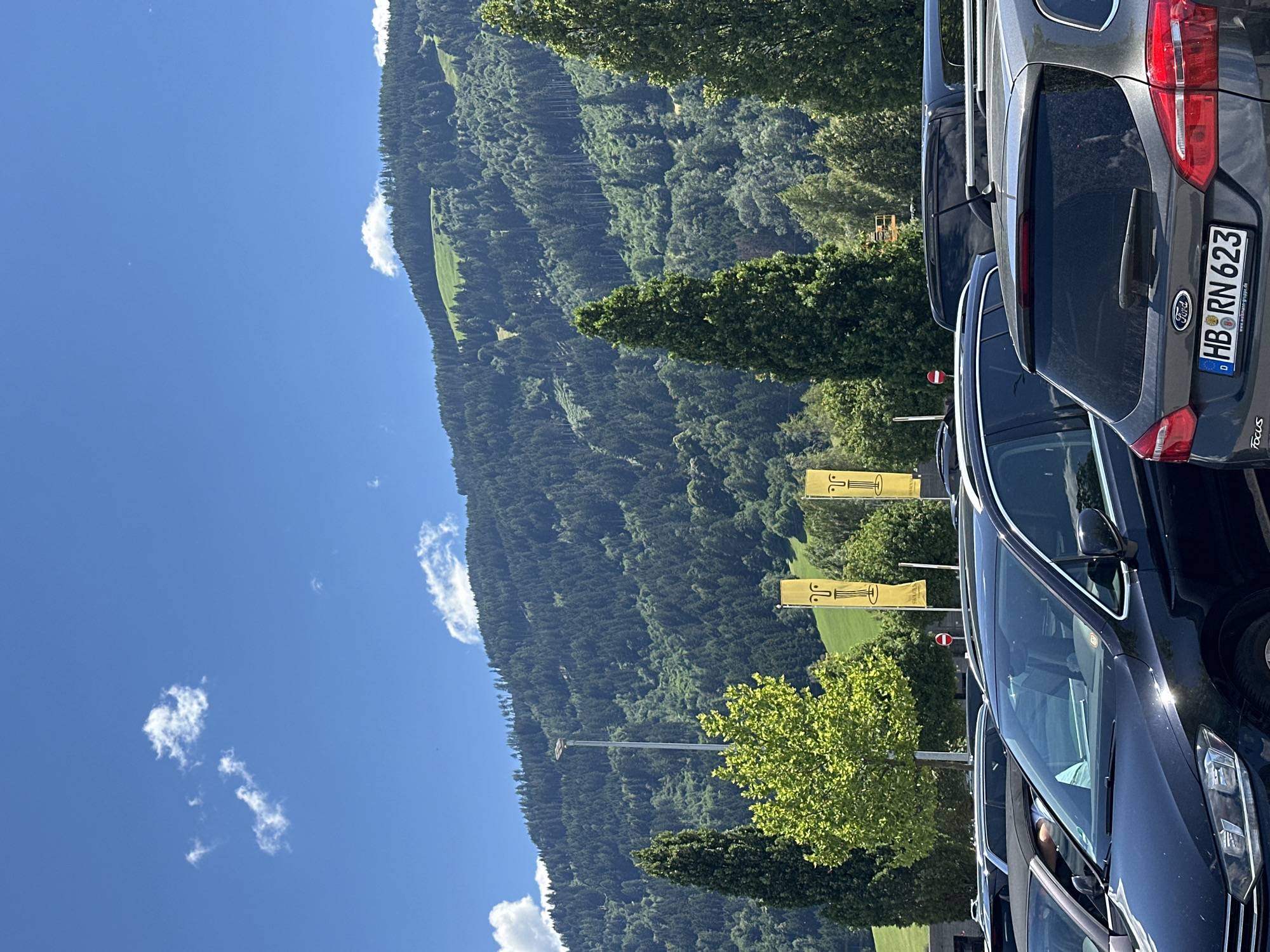 In Wattens, Austria, a parking lot is situated at the base of a densely forested mountain under a bright blue sky with scattered white clouds. Several cars are parked, including a black Volkswagen SUV in the foreground, displaying a license plate that reads "HB-RN 623". To the left of the SUV, a dark-colored sedan is visible. In the background, tall evergreen trees line the slope of the mountain, with patches of green grass interspersed among them. Two yellow banners with a stylized graphic of a face are displayed, one slightly behind the other. A solitary streetlamp stands tall amidst the trees. The scene captures a clear day with a mountainous backdrop and a parking area in the foreground.