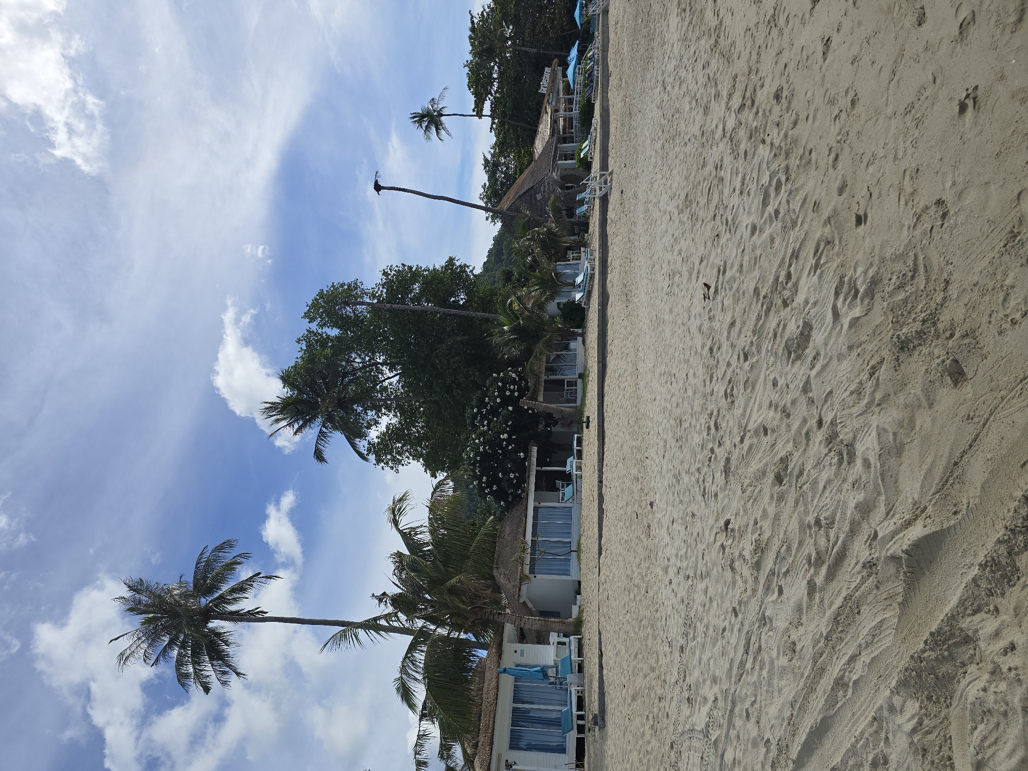 A tranquil tropical beach scene unfolds under a bright, partly cloudy sky. The foreground is dominated by a wide expanse of fine, light-colored sand, marked with the faint impressions of footprints and tire tracks, suggesting recent activity. In the midground, a row of small, white bungalow-style structures with thatched roofs line the edge of the sand. Each bungalow features large glass doors and windows, with blue lounge chairs and pillows visible on small patios in front of them. Palm trees, some tall and slender, others with fuller canopies, are interspersed among the bungalows and behind them, their fronds reaching towards the sky. Further back, a larger, open-air building with a thatched roof appears to be a bar or restaurant, identified by a sign that reads "Bar&Restaurant". It is also furnished with lounge chairs and umbrellas. Lush green foliage and more palm trees form a dense backdrop, suggesting a tropical island or coastal resort. The overall impression is one of a peaceful, idyllic vacation spot.