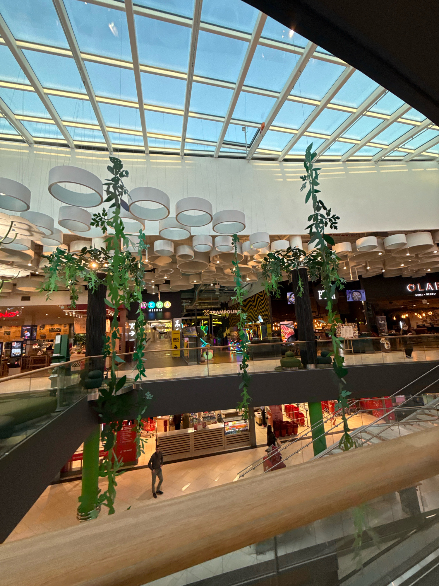This is an interior shot of a multi-level shopping mall, likely in Tallinn, Estonia, given the presence of the "MEEDIA" sign which is a known Estonian media company. The mall features a large, modern glass ceiling that allows natural light to filter in. Suspended from the ceiling are numerous white cylindrical light fixtures and decorative green vines that add a natural element to the artificial environment.
The perspective is from an upper level, looking down onto the floor below. The lower level reveals various shops and storefronts, including a restaurant with visible signage for "OLAF GRILL & RISTO." People are seen walking on the lower level and on the escalators. One person is walking on the lower floor, dressed in casual clothing. Another person, a woman, is walking up an escalator. The mall's architecture includes sleek metal railings and staircases, indicative of a contemporary design. The overall impression is one of a bright, spacious, and busy commercial center.