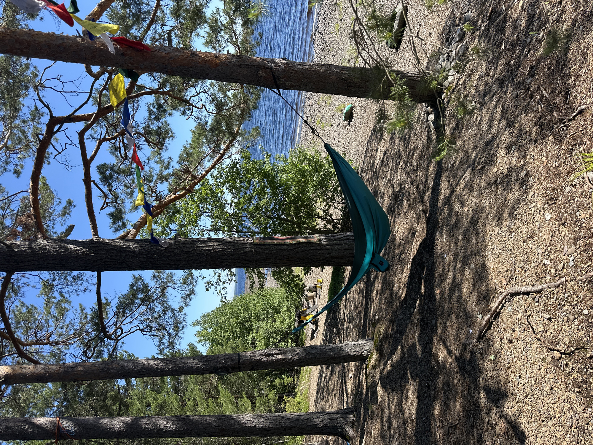 A teal hammock is strung between two pine trees on a rocky shore with a body of water in the background. Prayer flags are strung between the branches of one of the trees, adding a splash of color to the scene. The ground is covered with pine needles and small stones, and sunlight filters through the trees, casting dappled shadows on the ground. The water is calm and reflects the blue sky. The location is Soanlakhti, Russia.