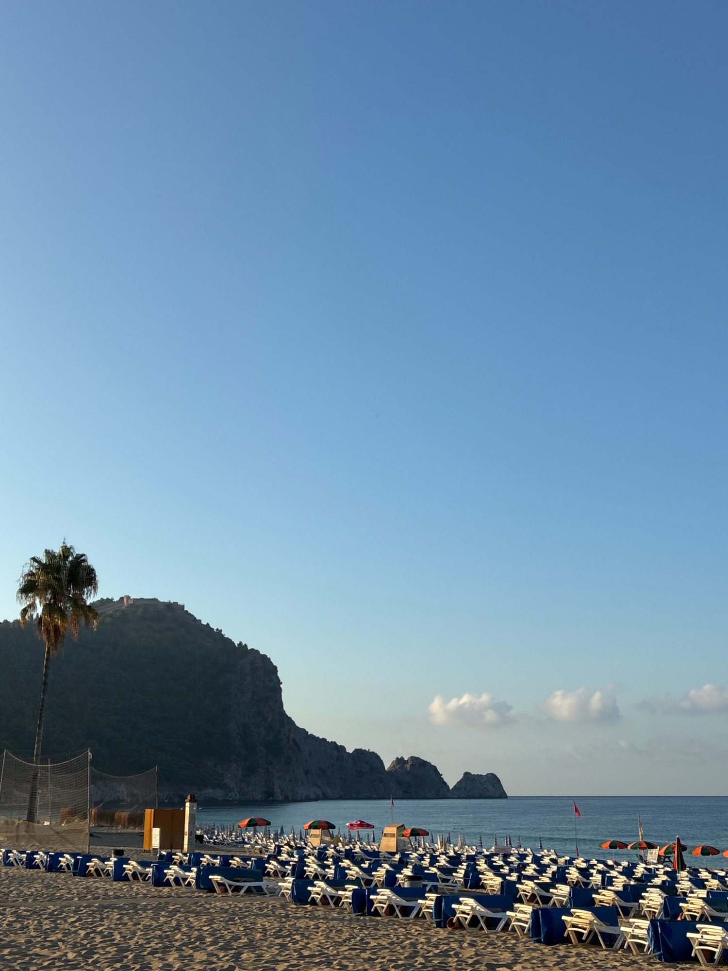This is a landscape photograph of Cleopatra Beach in Alanya, Turkey, taken from the sandy shore. The sky is a clear, pale blue with a few scattered clouds near the horizon. The sea is a tranquil blue, meeting the beach in a gentle surf.
Dominating the background is a steep, dark green mountain that rises dramatically from the sea. On the summit of the mountain, the ruins of a castle or fortress are visible. To the left of the mountain, a solitary palm tree stands tall, its fronds casting dappled shadows on the sand.
The foreground is a meticulously arranged expanse of beach loungers and umbrellas. Rows upon rows of white loungers with blue cushions are neatly placed on the golden sand, facing the sea. Numerous beach umbrellas, in various colors and patterns, are set up behind the loungers, providing shade. Some of these umbrellas are open, while others are closed.
In the mid-ground, there are a few structures, including what appears to be a small lifeguard station or changing booth. A volleyball net is also visible to the left, suggesting recreational activities. The beach is largely empty of people, indicating it is either early morning or late in the day. The overall impression is one of a serene and well-maintained beach, ready for visitors.