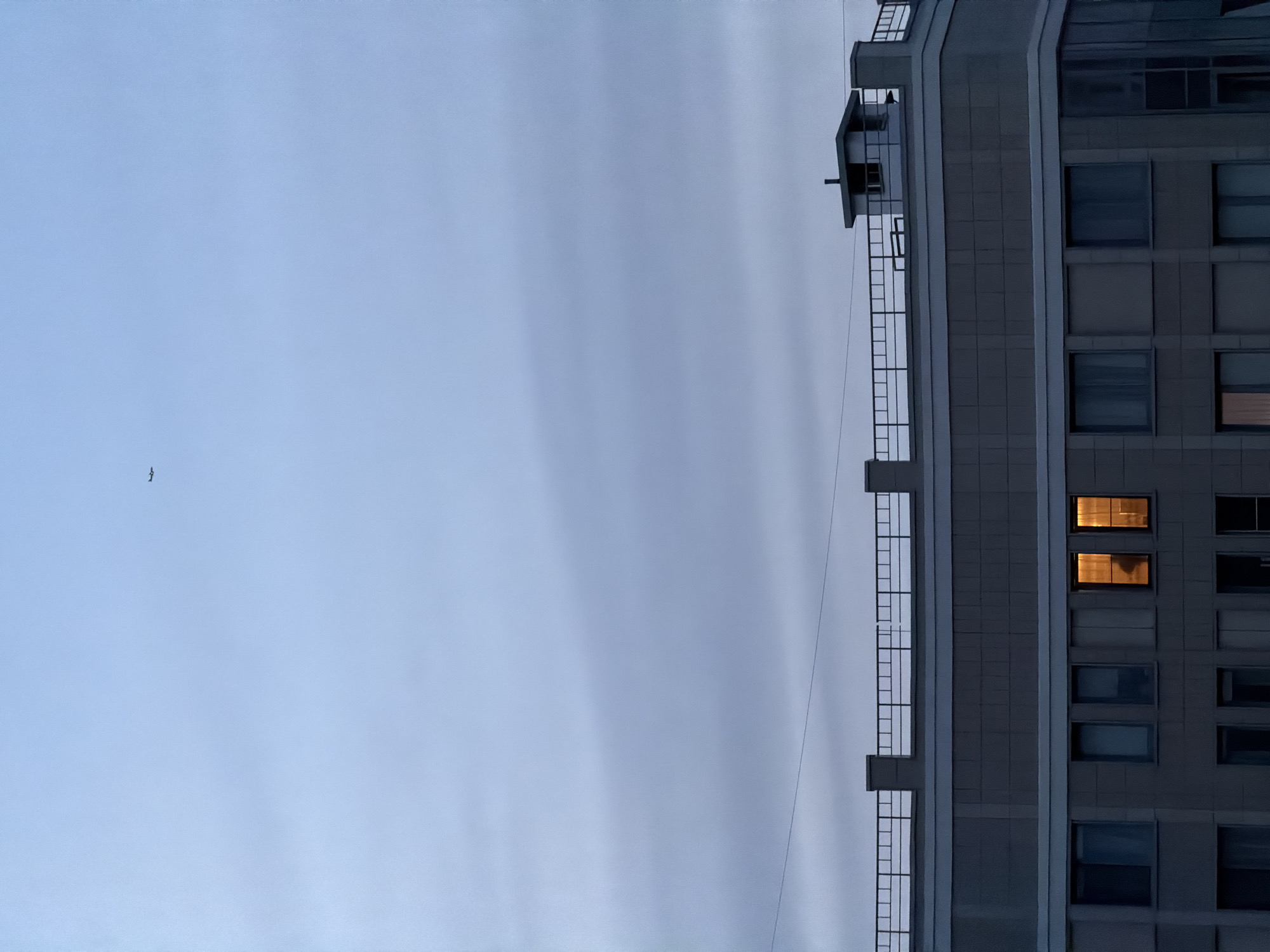 The scene in Saint Petersburg, Russia, presents a multi-story building under an overcast, pale blue-grey sky. In the upper central-left portion of the sky, a small, dark airplane silhouette is visible, moving from left to right. A thin, dark line, likely a power cable, stretches horizontally across the sky above the building. The building's facade is constructed of light grey panels, with a darker horizontal band separating the upper stories from the lower visible sections. A rooftop area is visible, edged by a dark metal railing. Towards the right side of the rooftop, a small, dark, square structure with a narrow vertical element is present. On the second visible floor of the building, two central windows are illuminated with a warm, orange-yellow light. A dark, indistinct silhouette, possibly a person, is partially discernible within the left illuminated window. The remaining visible windows are dark or reflect the ambient light, appearing blue-grey.