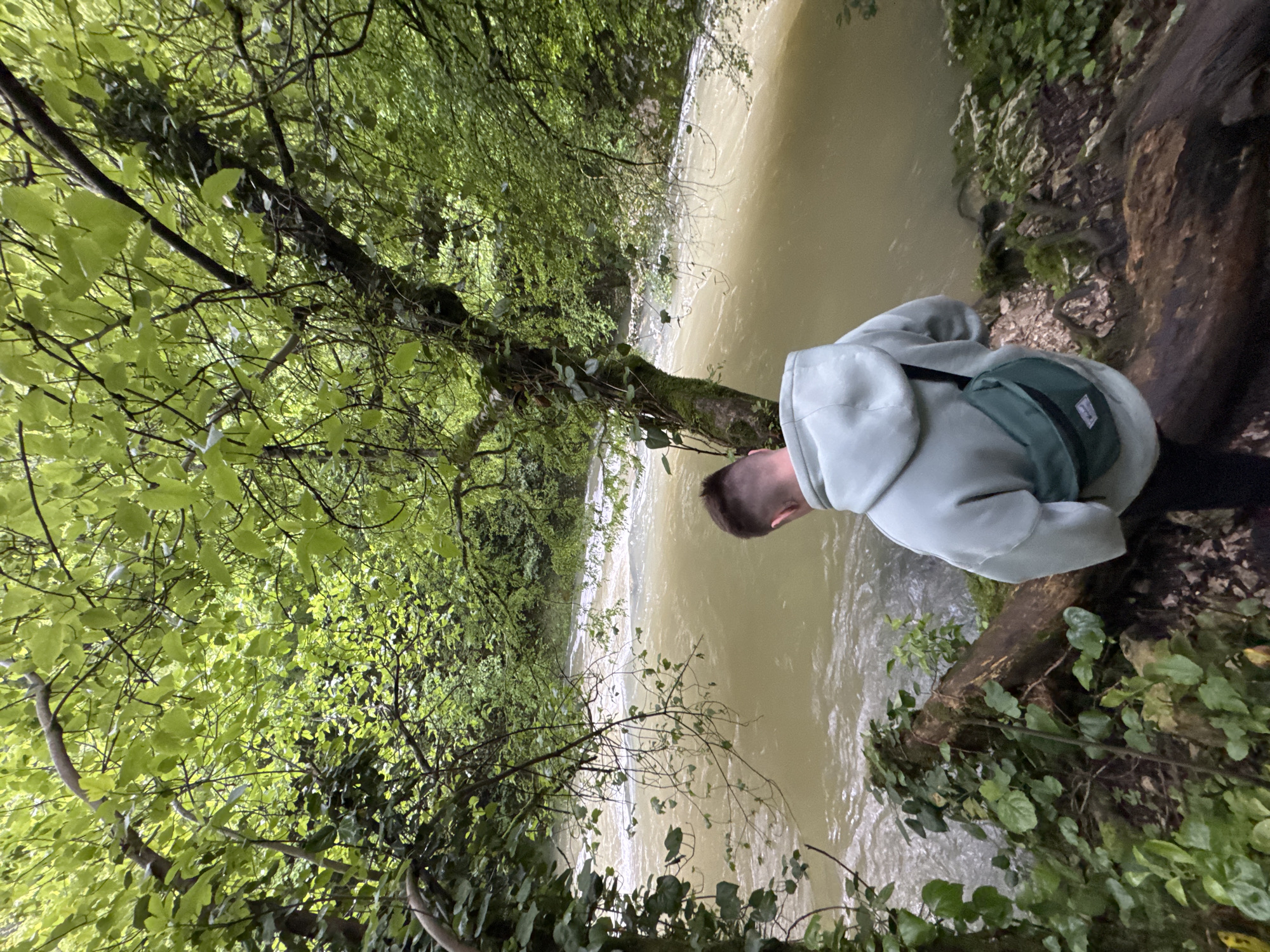 The image, taken outdoors, depicts a body of water, possibly a river or stream, bordered by lush vegetation. A person wearing a light-colored hoodie and a dark-green bag is leaning over the edge of the embankment, peering into the water. The surrounding environment is characterized by trees with green leaves, moss-covered surfaces, and vines. The water is murky and reflects the surrounding foliage. The presence of tree roots and exposed earth suggests a natural setting. The location is Tsabal, Abkhazia.