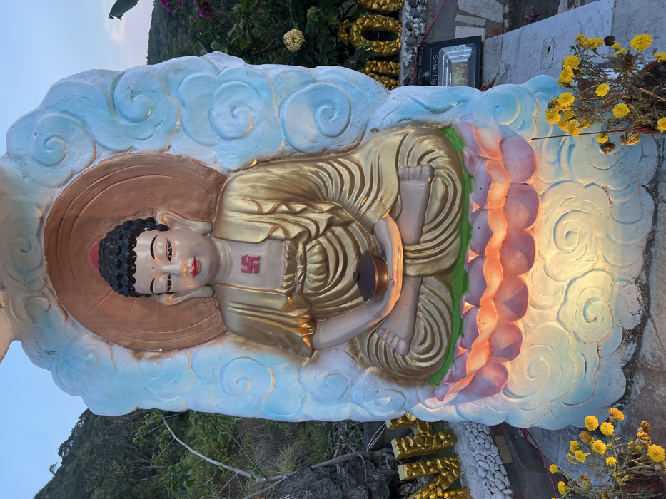 The image displays a brightly colored statue of Buddha situated on a hillside in Nha Trang, Vietnam. The central figure is a seated Buddha, rendered in gold-colored robes with a serene expression, dark hair, and a reddish topknot. A red swastika symbol is prominently displayed on the Buddha's chest, and a small, dark brown bowl is held in both hands at waist level. The statue is positioned on a pink and green lotus pedestal, which rests on a base sculpted with light blue cloud patterns. A warm yellow light illuminates the lower portion of the statue and pedestal from below.
Behind the Buddha's head is a golden circular halo, framed by a light blue, cloud-shaped arch with white accents. The background features steep, verdant hills under a clear, light blue sky. To the left of the statue, rocky ground and sparse green vegetation are visible. To the right, more lush green foliage and hints of purple flowers are present. On the ground in the immediate foreground, golden capital letters spelling "NHAN" (partially obscured on the left) and "OM" (on the right) are arranged. A "Solar Light" panel, angled upwards, is visible on the ground to the right of the statue's base, likely providing the illumination. Potted yellow flowers, some appearing wilted, are placed on the ground to the left and right of the statue's base. No human figures are present.