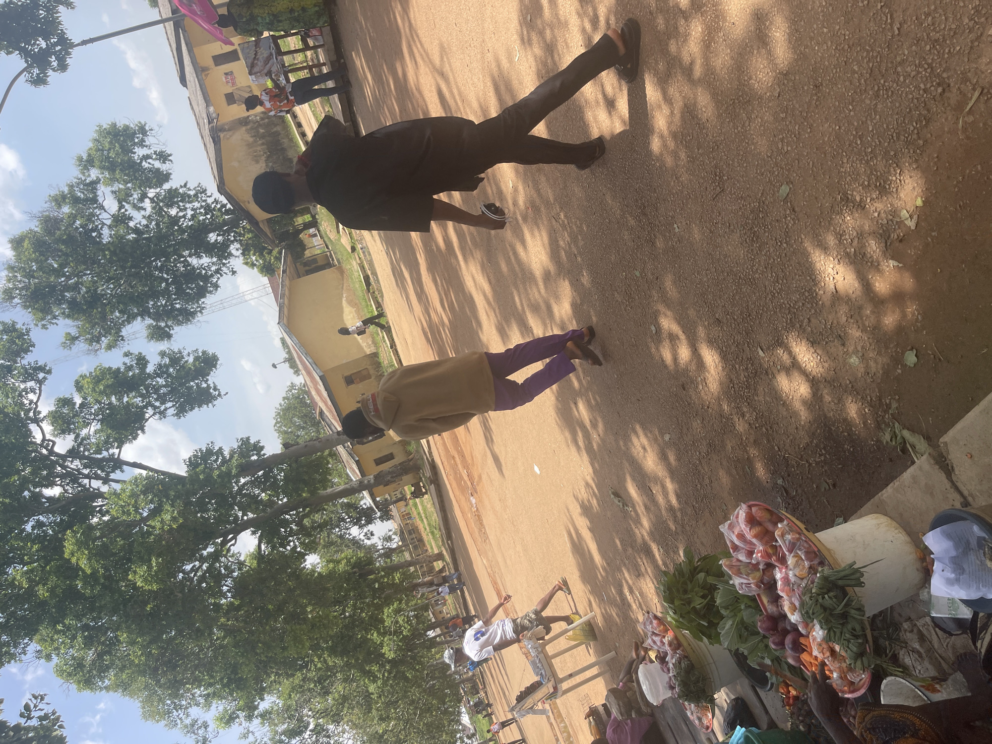 In Rafin Par, Nigeria, an outdoor market scene unfolds under a bright, possibly midday sky, with dappled sunlight casting shadows across a dusty, reddish-brown ground. The image captures several individuals engaged in various activities. Two people are prominently featured walking in the foreground, one in dark attire and the other in a light-colored jacket and purple trousers. Further in the background, other figures are visible, some interacting with stalls or moving through the market.
The setting appears to be a somewhat rural or semi-urban area, with buildings constructed from yellowing materials and lush green trees lining the background. The presence of market stalls laden with fresh produce, including onions, tomatoes, and leafy greens, suggests a typical day of commerce. One stall displays a variety of vegetables packaged in plastic, and another has items like carrots and what appear to be bundles of herbs or green onions. In the mid-ground, a young person in a white t-shirt and camouflage shorts is captured in a dynamic pose, possibly engaging with something out of frame or reacting to the photographer.
The atmosphere seems lively and typical of a local marketplace. The time of day is suggested by the strong shadows. There are no visible signs with legible text that provide specific information about the location beyond the general context of Rafin Par. The overall impression is one of everyday life and economic activity in a Nigerian setting.