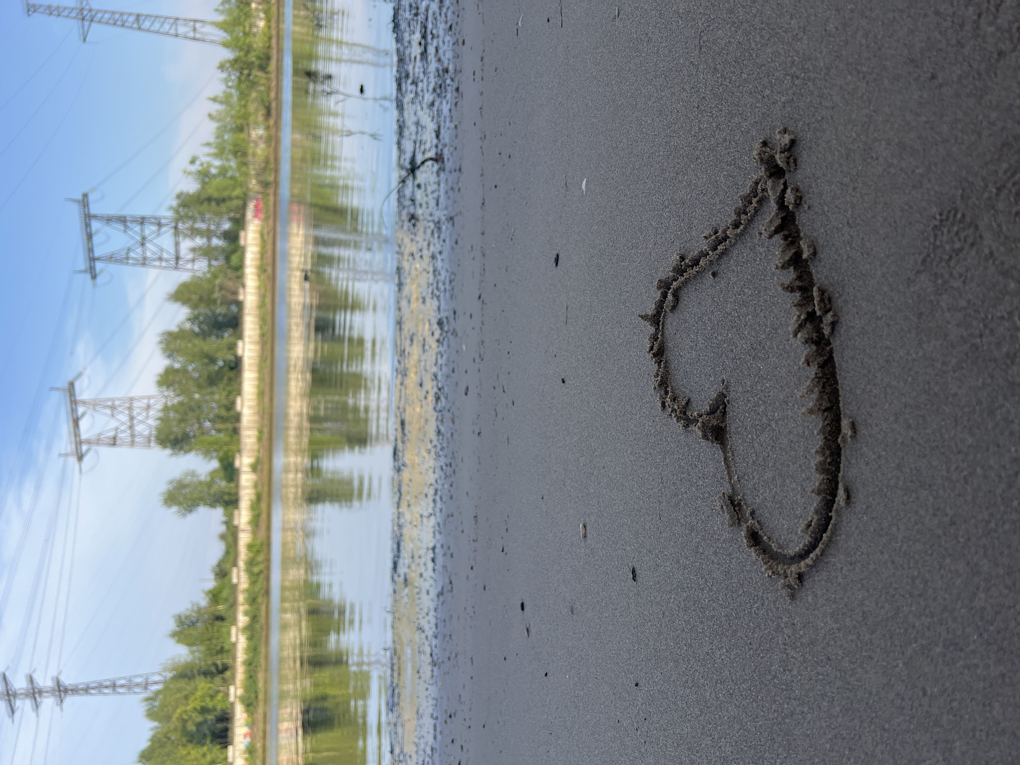 A drawing of a heart in the dark sand is in the foreground of this low-angle shot. Behind the heart, the dark water of a river stretches to the horizon. The water reflects the blue sky and the green trees and tall, lattice-like metal towers that line the opposite bank. The towers are part of a power line system, and one stands in the far distance to the left, and two others are in the midground. The sky is blue and hazy, with a few faint clouds. The location is the Kama River embankment in Chaikovsky, Russia.