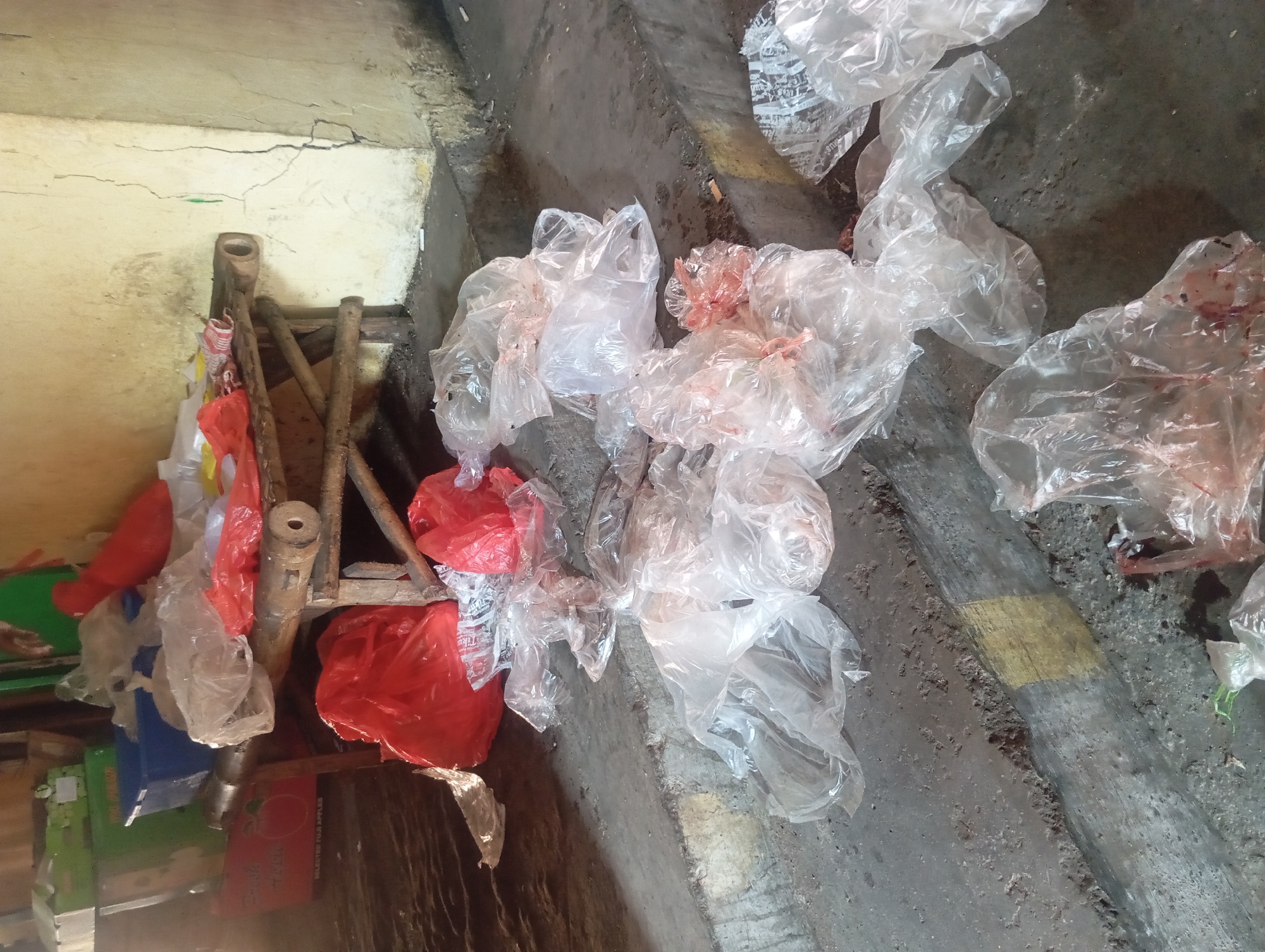 In Kepulungan, Indonesia, a scene of disarray is depicted, likely at a market stall or similar outdoor vending area. The ground, composed of concrete and dirt, is littered with numerous translucent plastic bags, many of which contain what appears to be raw meat, evidenced by the reddish-brown staining and fleshy textures visible through the plastic. Two red plastic bags are also prominent, one larger than the other, adding to the visual clutter.
A rustic, wooden bench with a slatted surface and bamboo supports rests centrally, laden with more plastic bags, some of which are crinkled and appear to hold food items. A blue plastic tub is visible behind the bench, suggesting storage or transport. The background reveals a section of a wall with noticeable cracks and a yellowish hue, indicative of aging and possibly weathered construction. The overall environment appears unkempt, with discarded wrappers and debris scattered around. The lighting is somewhat dim, casting shadows and contributing to a slightly somber atmosphere. No individuals are present in the frame.