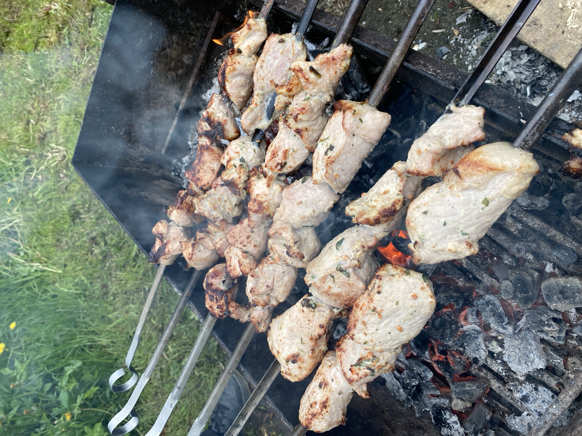 The image shows metal skewers with cooked meat cubes on a grill over charcoal. The grill is placed on a black metal stand on grass in an outdoor setting. There is smoke rising from the grill. The specific city and region are unknown.