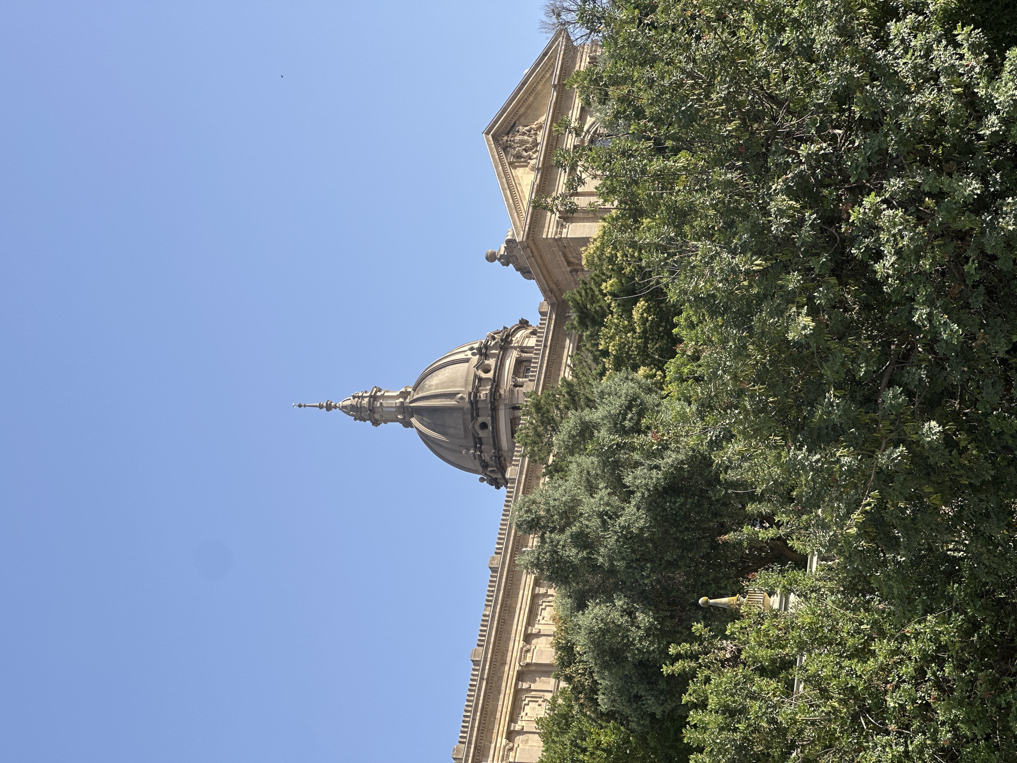 This image captures a view of the Palau Nacional, a grand palace located on Montjuïc hill in Barcelona, Spain. The building's classical architecture is visible, with a prominent dome topped by a spire, and a long facade adorned with decorative elements. The upper portions of the palace are framed by the lush green canopy of trees, suggesting a park or garden setting. The sky is a clear, bright blue, indicating a sunny day. The scene is devoid of any people or immediate actions, focusing solely on the architectural structure and its natural surroundings.