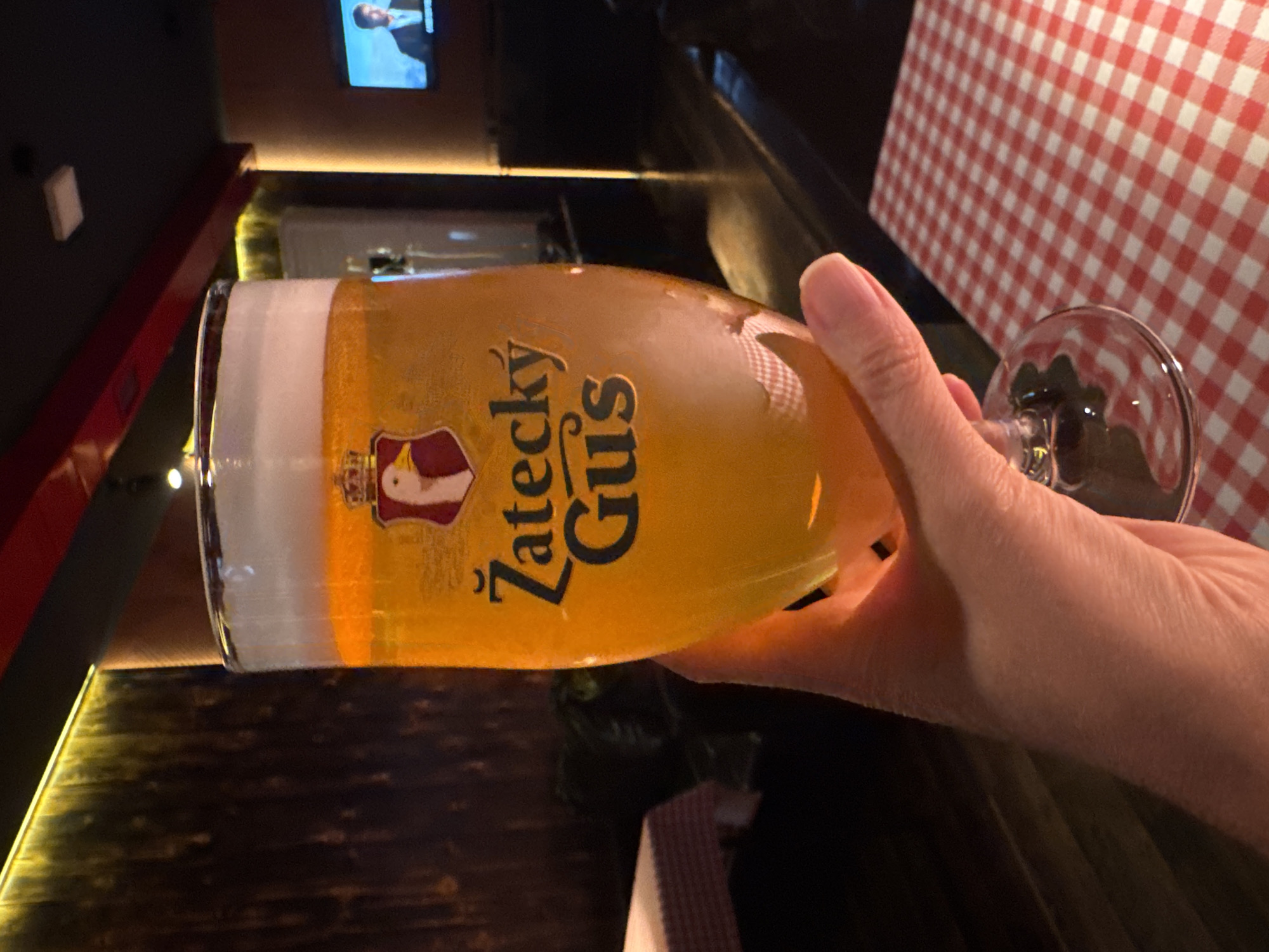 A hand holds a glass of Zatecky Gus beer in an indoor setting. The background includes a television screen, possibly in a bar or restaurant. There is a table covered with a red and white checkered tablecloth. The location is unspecified, but the information about Tashkent, Uzbekistan, is irrelevant as there is nothing in the image to corroborate this.
