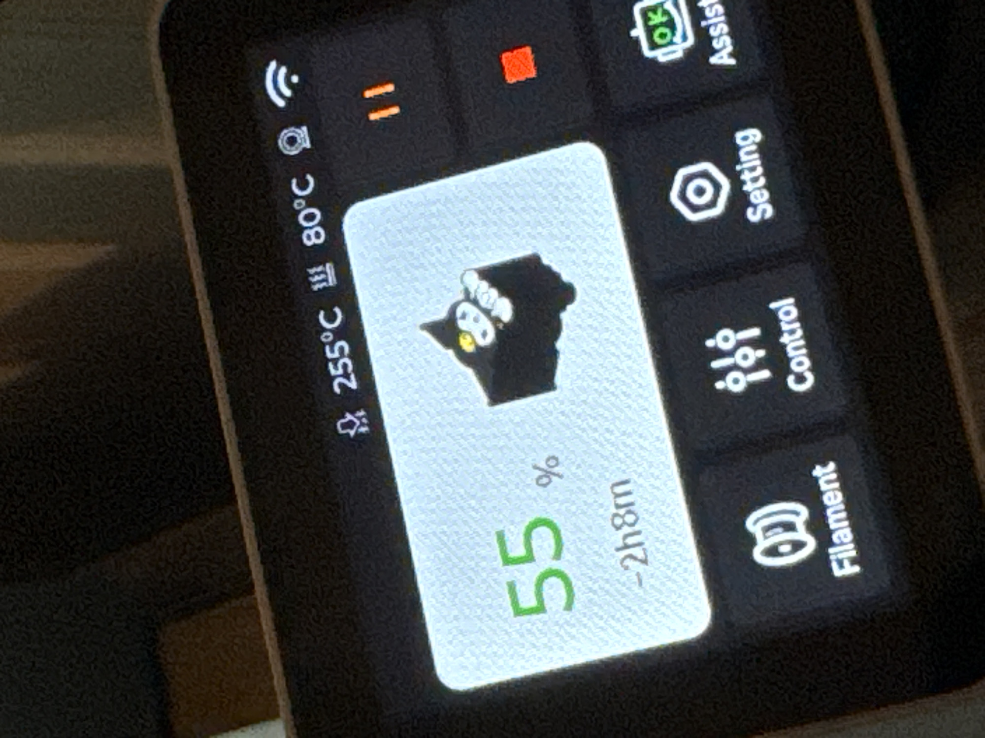 The image displays a close-up of a 3D printer's control panel screen. The screen shows several elements:
* **Temperature Readings:** At the top, there are temperature indicators showing "255°C" and "80°C". A small icon that resembles a heating element is present next to "255°C".
* **Print Progress:** A large white panel occupies the central area. It displays "55 %" in green text, indicating print completion percentage. Below this, "-2h8m" suggests an estimated remaining time of 2 hours and 8 minutes.
* **Print Icon:** Within the white panel, there's a small, black, cartoon-like icon of a creature, possibly a cat, with yellow eyes and white details on its face and body.
* **Control Icons:** Along the bottom of the screen, there are several icons with labels:
* "Filament" with a spool icon.
* "Control" with an icon resembling gears or controls.
* "Setting" with a hexagonal icon.
* "Assist" with an "OK" symbol inside a box.
* **Status Indicators:** To the right of the main display, there are two small colored rectangles, one orange and one red. Further to the right, there are pause buttons (two vertical orange lines) and a Wi-Fi symbol.
The image does not provide any information about the city of Белоус, Russia, or any environmental context beyond the 3D printer's screen.