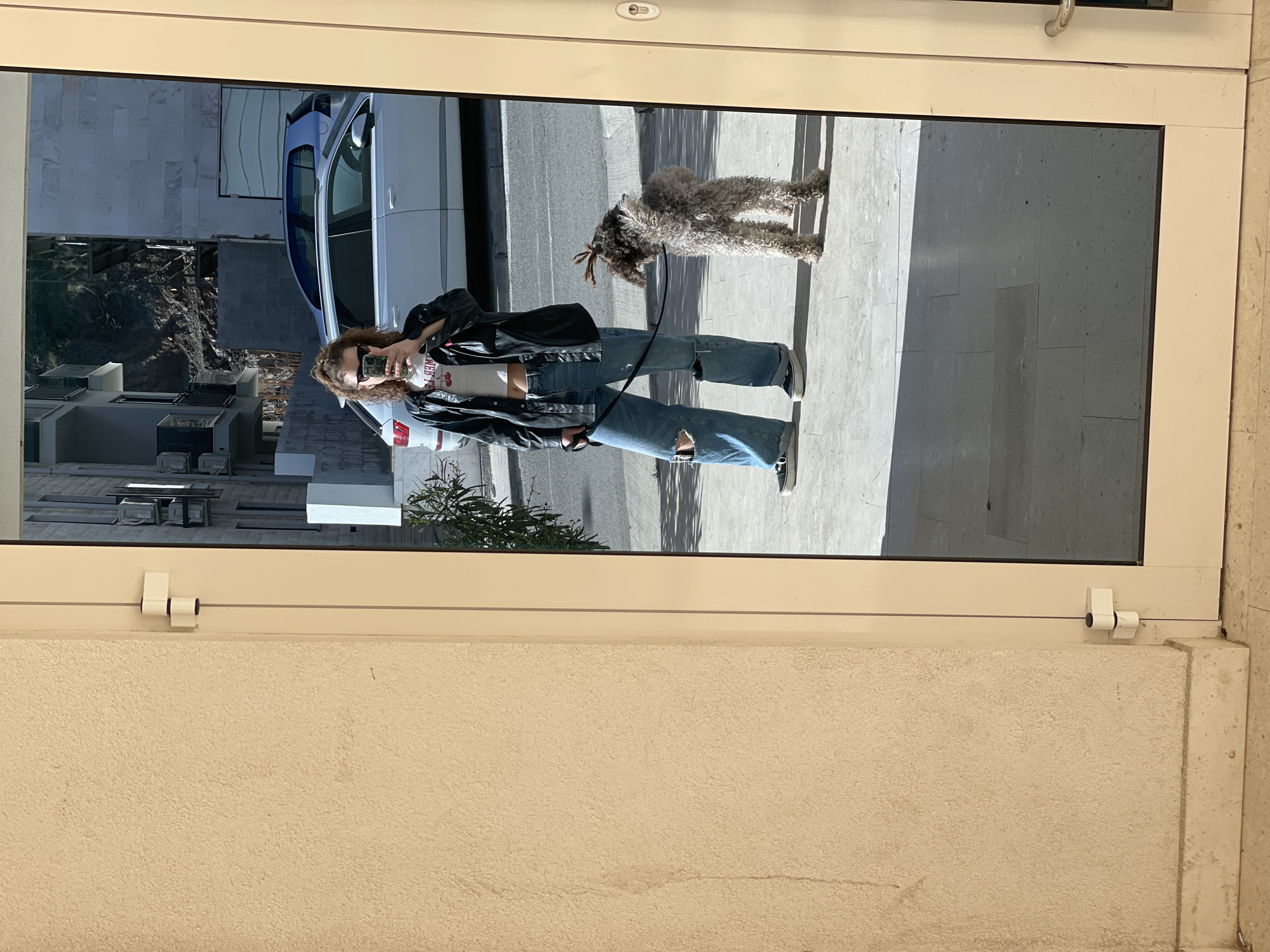 A reflection in a window in the city of Boreti, Montenegro shows a person, likely female, holding a smartphone and wearing sunglasses, a black leather jacket, a white top, and blue jeans with a rip in the knee. The person is walking a dog that is mostly gray with brown features. A gray car is also reflected in the window. The background consists of light-colored pavement and buildings.