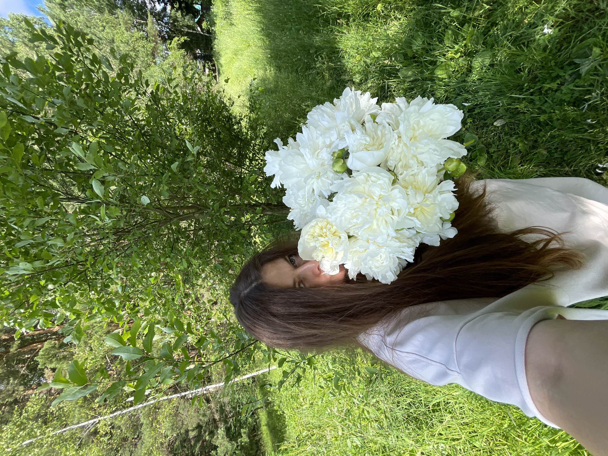 In a sunlit outdoor setting, a young woman with long brown hair is lying on her back in the grass, holding a large bouquet of white peonies. Her face is partially obscured by the flowers, but her green eyes are visible and looking towards the camera. She is wearing a light-colored top. The background consists of lush green grass and trees, suggesting a park or garden. The bright sunlight indicates it is daytime, and the overall scene conveys a sense of peacefulness and enjoyment of nature. There is no visible text in the image.