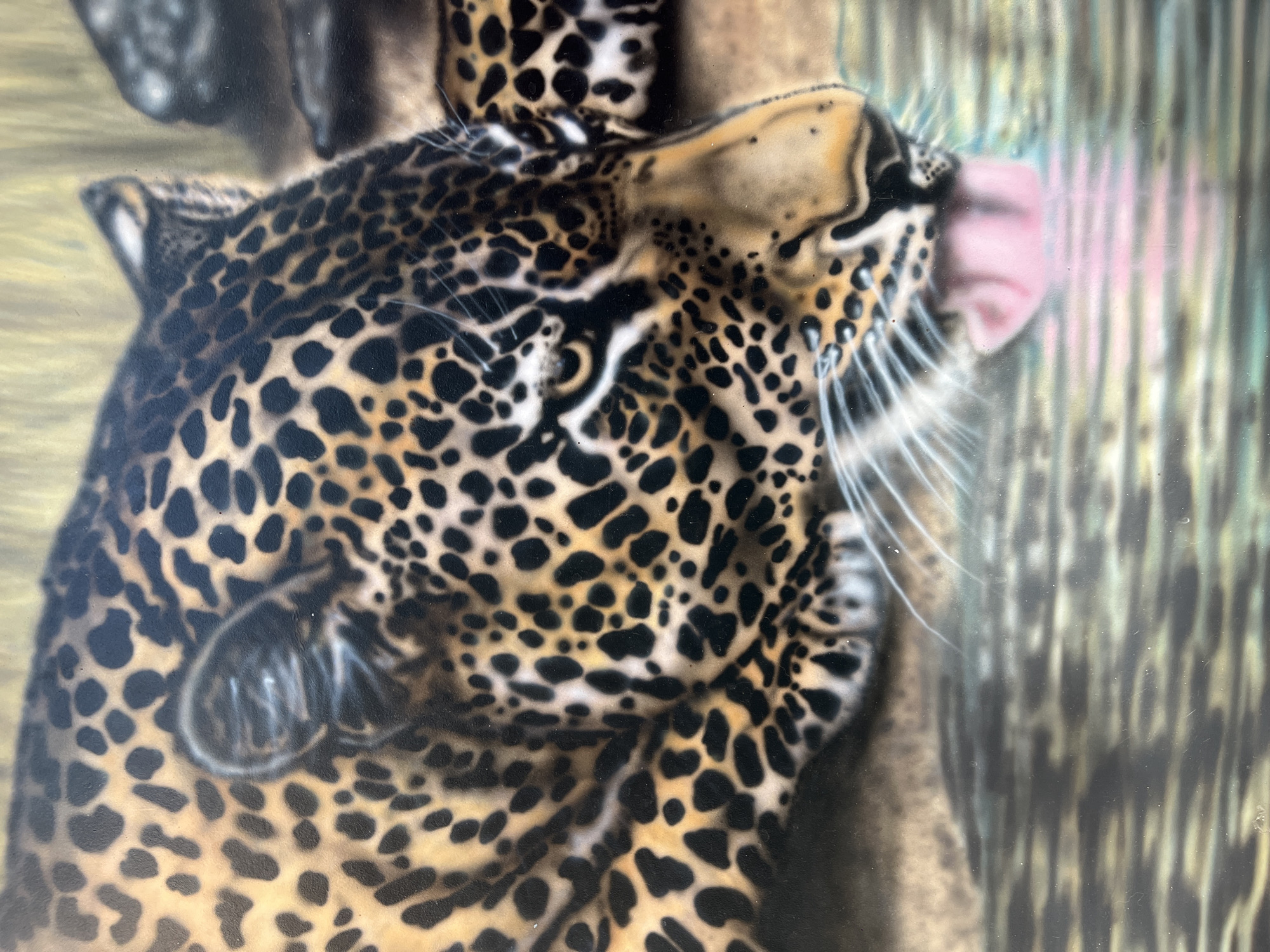 The image depicts an airbrushed painting of a jaguar drinking water. The jaguar's head and part of its body are visible, with its characteristic spotted fur rendered in detail. Its pink tongue is extended, lapping water from a surface that appears to be a body of water with ripples. The background shows a textured, earthy environment with what seems to be rocks and vegetation. There are no people or specific identifiable landmarks that would suggest a location in Bender, Moldova. The style of the artwork is realistic, focusing on the naturalistic depiction of the animal and its surroundings.