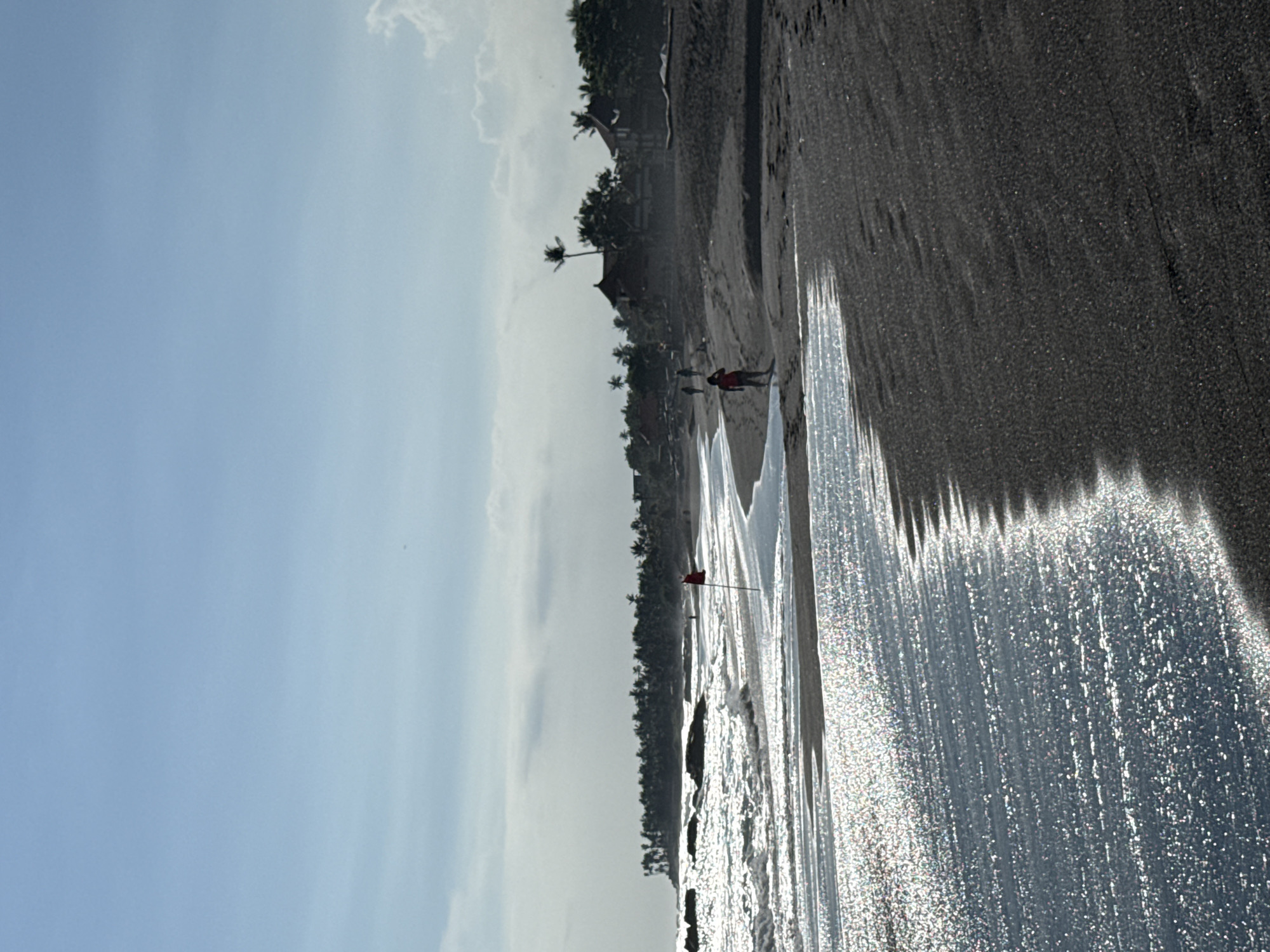 The photograph captures a serene coastal scene, potentially in Mengwi, Indonesia, given the location specification. The foreground features the shoreline with shimmering water reflecting sunlight. The sand appears dark, suggesting volcanic origins. A red flag stands in the water, possibly indicating swimming conditions or beach boundaries. A lone individual is seen walking along the beach. A line of trees borders the sand, providing a natural backdrop. The sky is partly cloudy, with a mix of blue and grey tones. The overall composition emphasizes the natural beauty of the beach and the ocean.