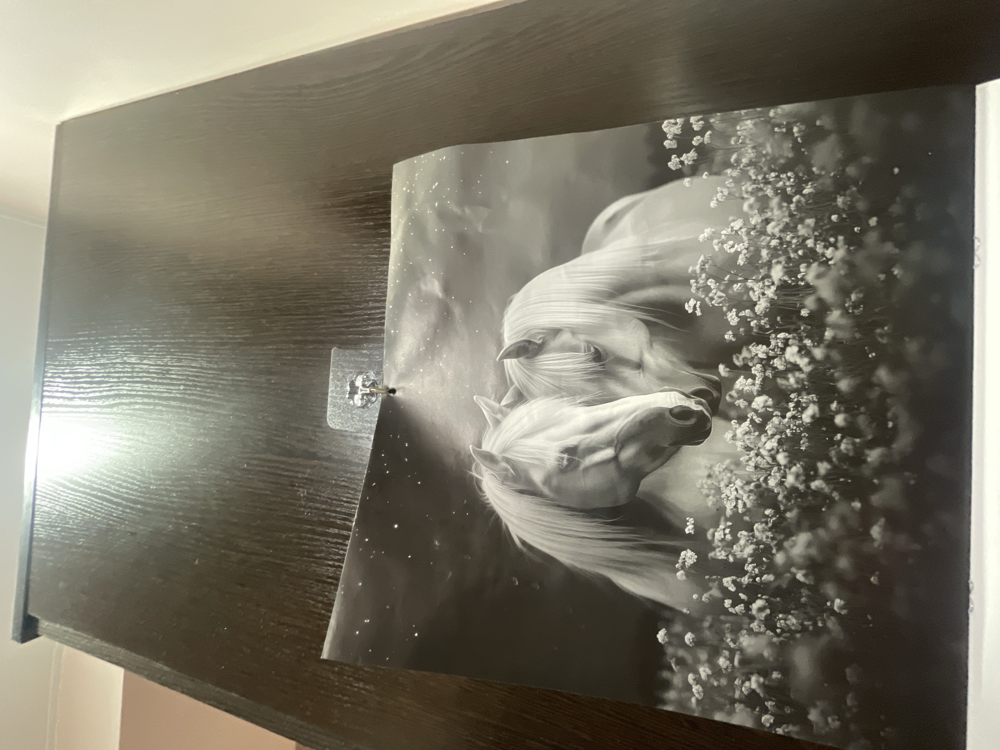 The image shows a black and white print of two white horses in a field of flowers. The print is attached to a dark wooden surface with a clear adhesive hook. The print is positioned in the upper portion of the frame, with the wooden surface dominating the background. The lighting suggests an indoor environment. The image does not provide any information about the city of Ulan-Ude, Russia.