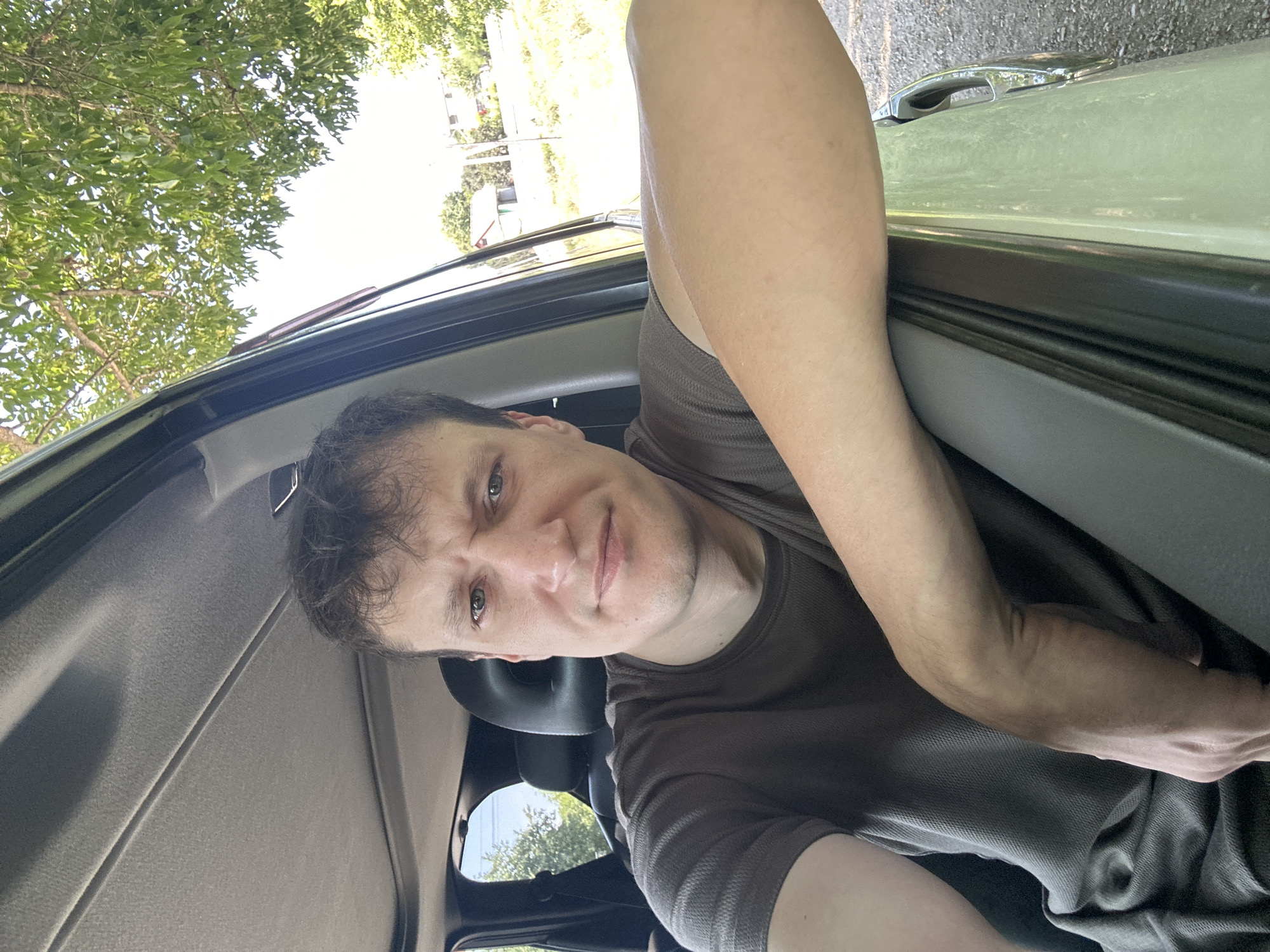 A male with light skin, brown hair, and light-colored eyes is seated inside a car, looking directly at the camera. He is wearing a dark brown t-shirt and has his right arm resting on the car's door frame. The interior of the car is visible, including a sunroof and black headrests. Outside the car, green trees and a bright sky are visible, suggesting an outdoor setting. A few buildings can be seen in the distance. The image appears to have been taken during the daytime.