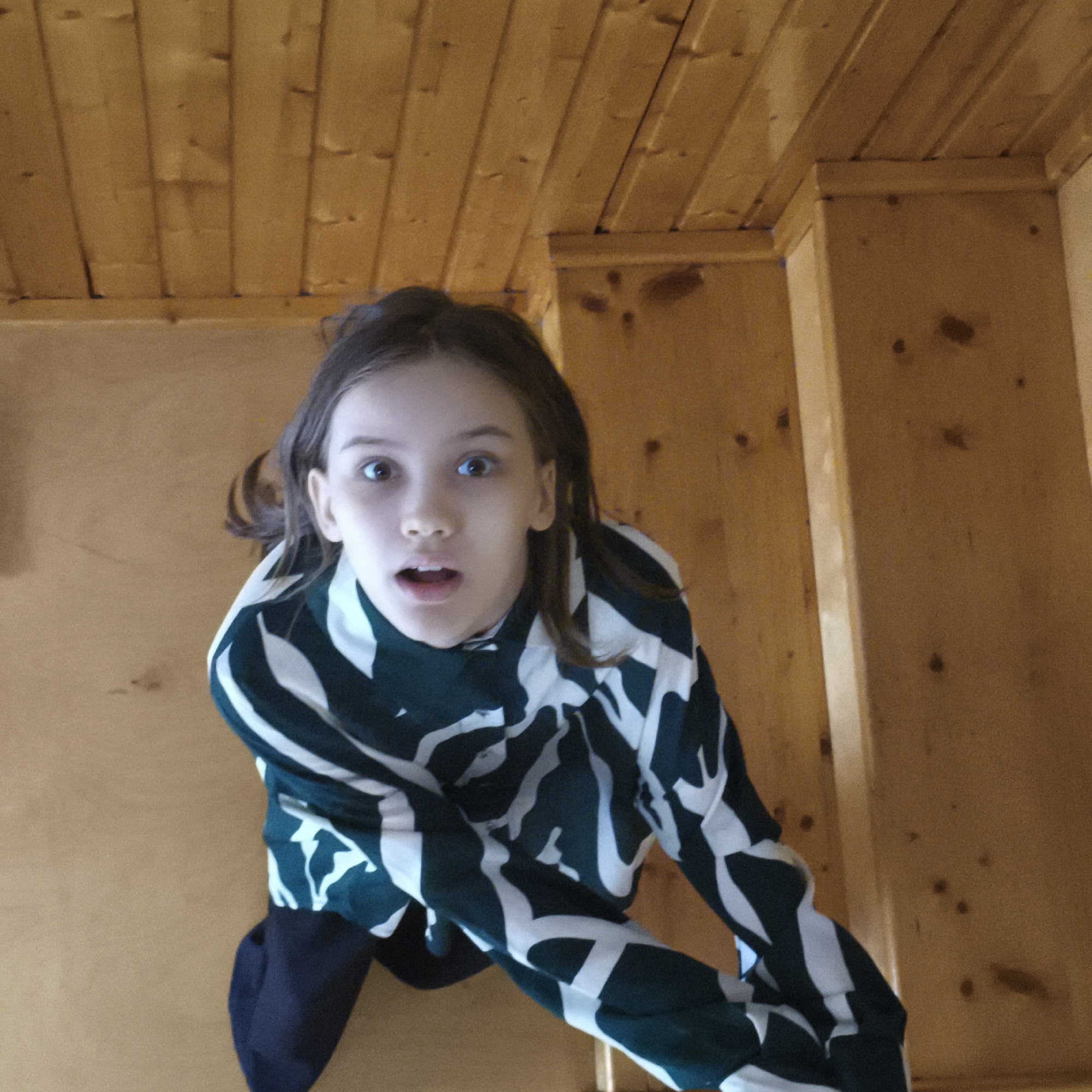 A young girl with brown hair and fair skin looks upward with a surprised expression. She is wearing a long-sleeved shirt with a green and white zebra-like pattern and dark leggings. The setting appears to be inside a wood-paneled room, possibly a cabin or a house with wood walls, floor and ceiling. The viewpoint is from below, looking upwards at the girl. There is no information to specify the location in the city of Chaikovsky, Russia.