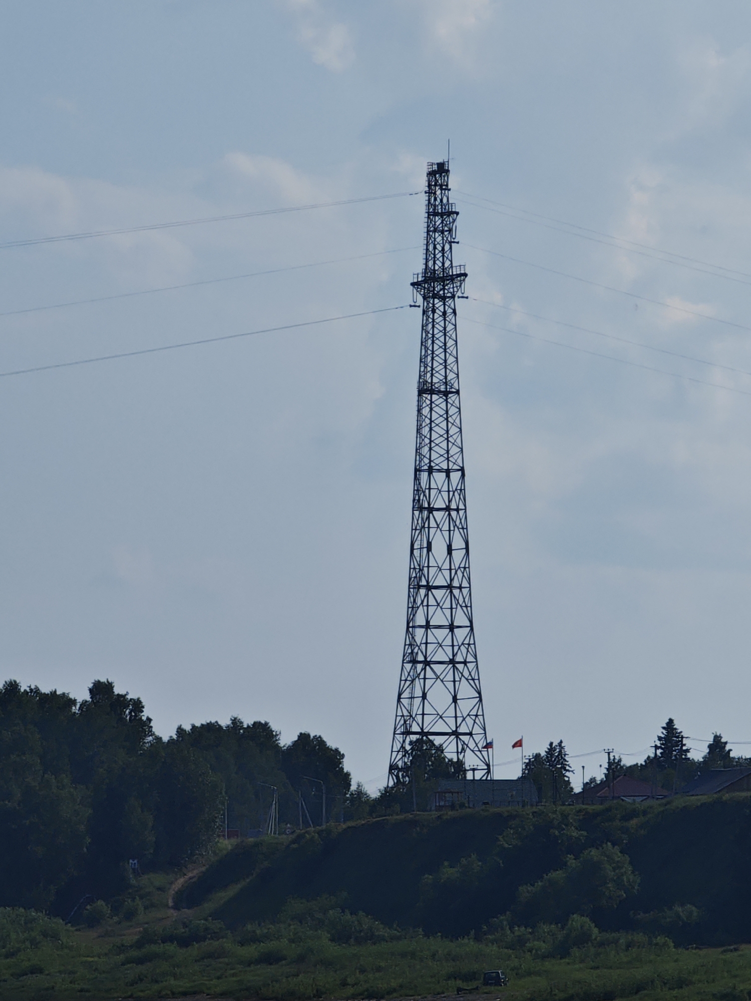 This is a vertical, eye-level, full shot of a tall, dark metal lattice power pylon set against a pale blue sky with scattered white clouds. The pylon is the dominant feature in the image, located on the right side of the frame. Three thin power lines extend horizontally from the top of the pylon and disappear out of frame to the left. Below the pylon, on a green, tree-covered hillside, are several small buildings and two flags, one red and one appearing to be the Russian flag. A dark, dense line of trees runs along the crest of the hill. In the foreground, a body of water with a dark green grassy bank is visible. The scene appears to be in Верхнепашино, Russia.