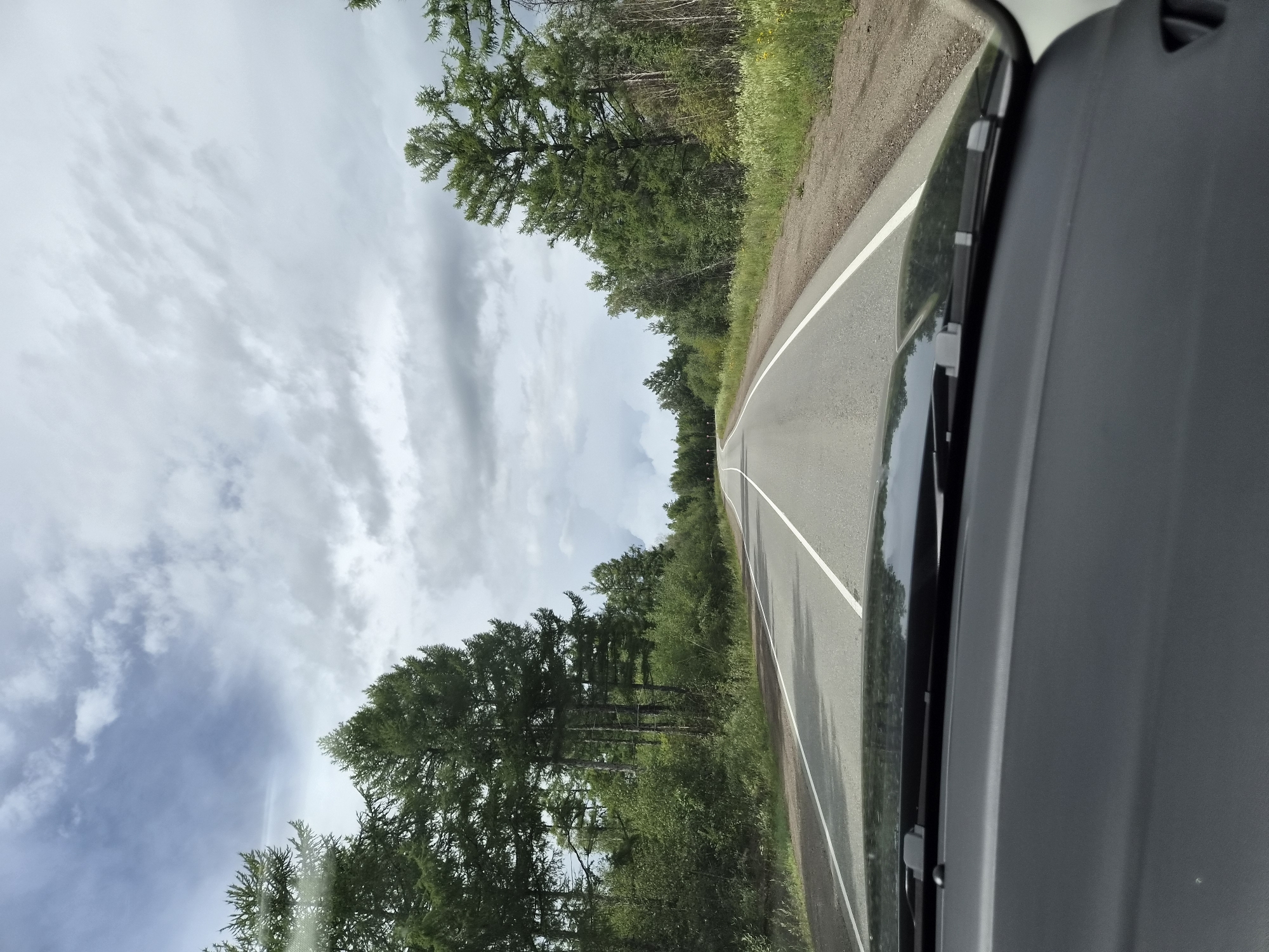 The image, taken from the interior of a vehicle, captures a view of a paved road in Verkh-Chita, Russia. The road curves to the left and is lined with tall, green coniferous trees on both sides. The sky is overcast with gray clouds, with some lighter patches indicating a break in the cloud cover. The dashboard of the car is visible in the foreground. The scene depicts a natural landscape along a driving route.