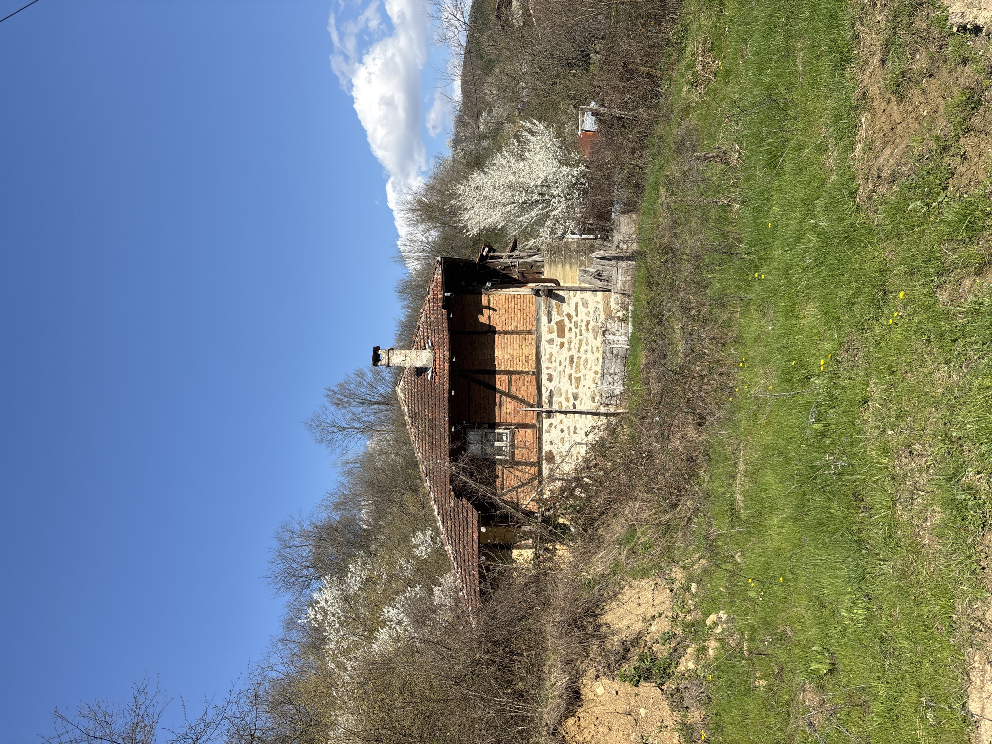 The image shows a two-story rural house situated in what appears to be the countryside. The house has a combination of brick and stone exterior walls, a red-tiled roof, and a chimney. The surrounding environment consists of grassy areas, bare trees, and blossoming white trees indicating springtime. The sky is blue with scattered clouds. The location is presumed to be Liava Reka, Bulgaria, based on the prompt. There are no people visible in the image. The house is positioned on a slight incline, with a partially obscured wooden structure visible behind it. The foreground contains dry vegetation and patches of exposed dirt.