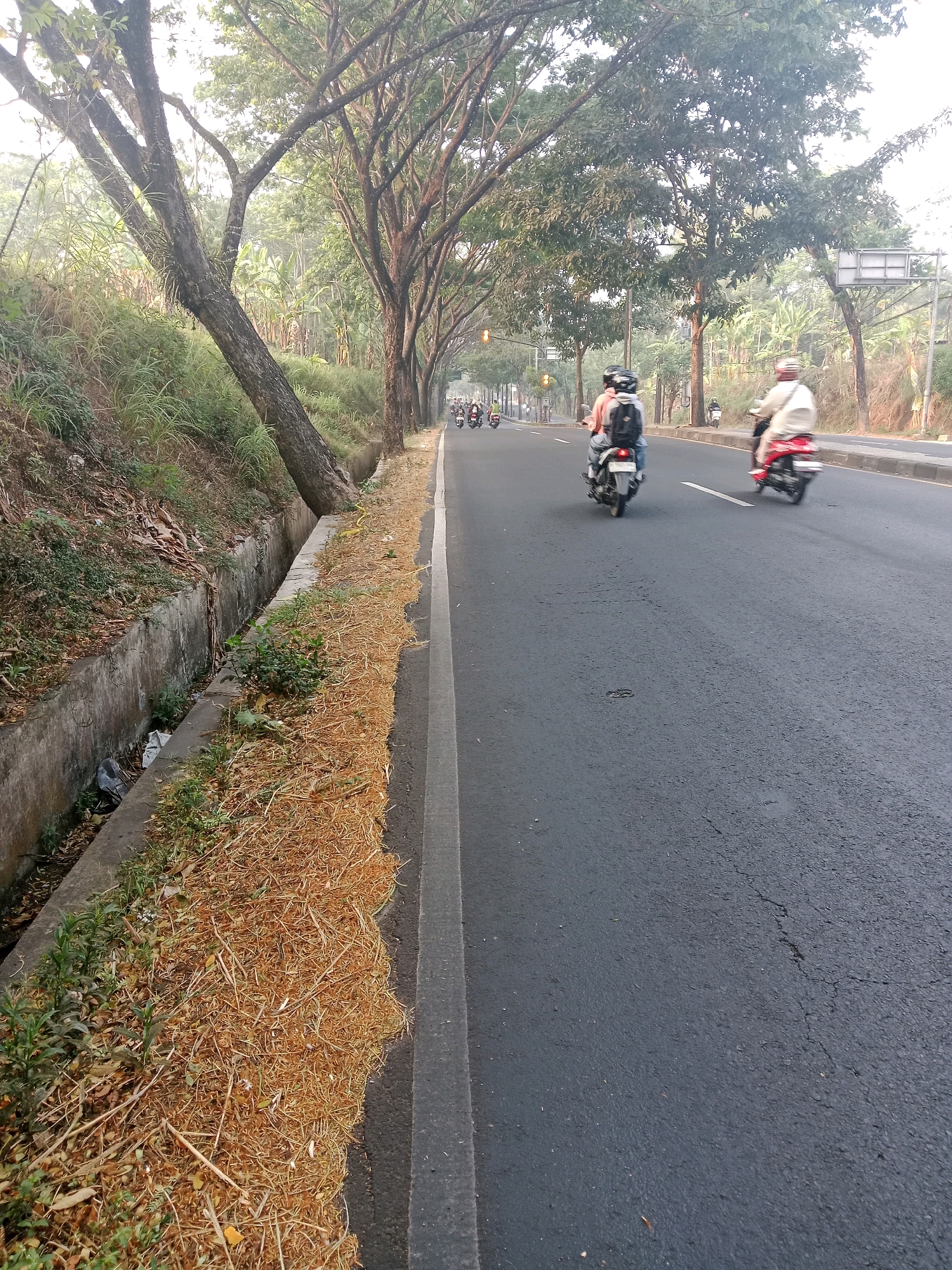 The image depicts a road in Salatiga, Indonesia, lined with trees on the left and a concrete drainage ditch. Several people are riding motorcycles on the asphalt road. The sky is overcast. The scene appears to be a typical street in a moderately vegetated urban area.
