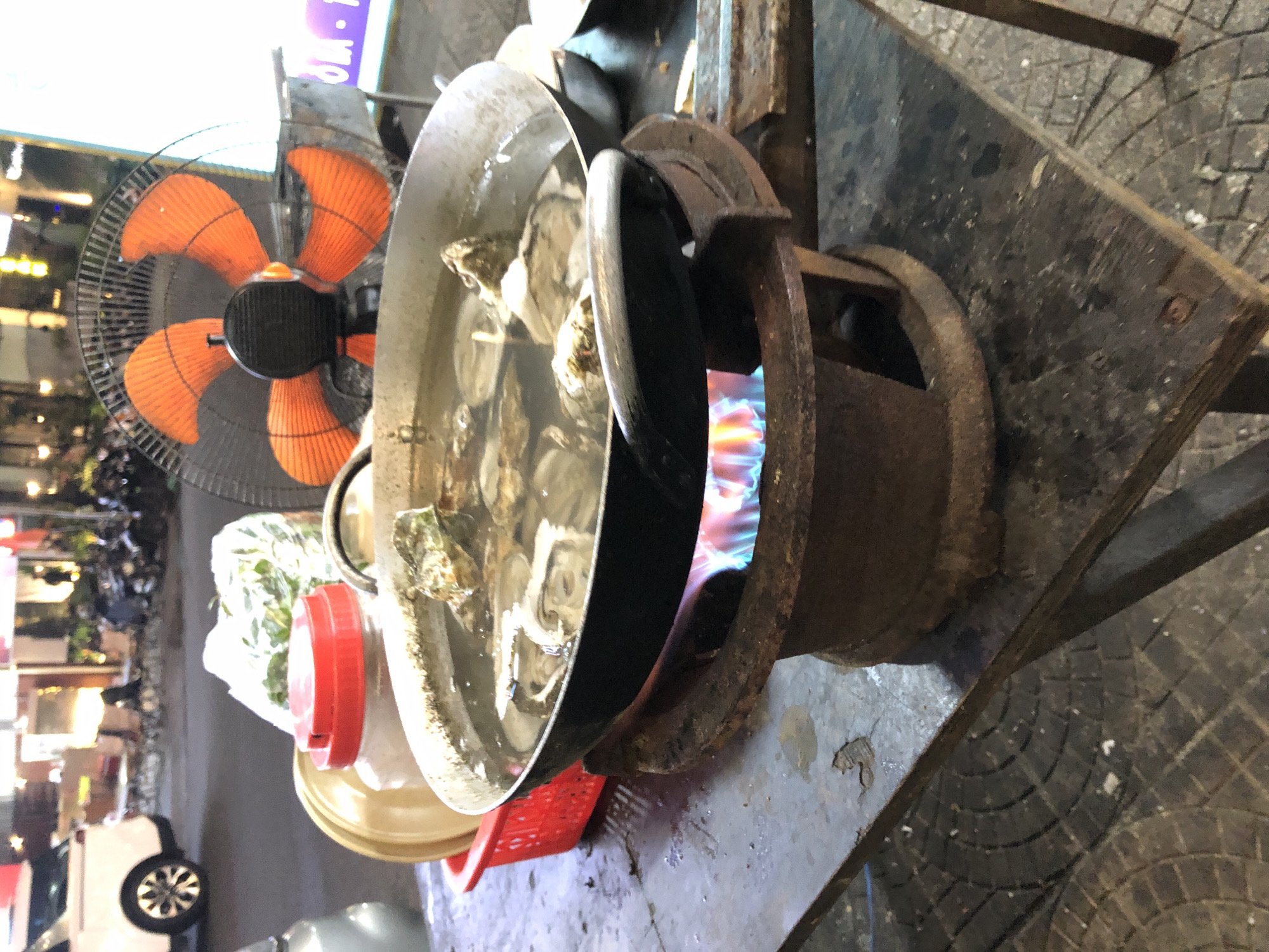 The image shows a close-up, vertical view of a street food setup in Da Nang, Vietnam. The main focus is a large metal pot filled with oysters, steaming as they are cooked on a makeshift stove. The stove appears to be an old cast-iron burner, with a vibrant blue and orange flame visible beneath the pot, indicating it's actively heating.
In the background, an orange electric fan is positioned to presumably cool the area or the cook. The fan's blades are visible, and it's tilted to the side. Further in the background, the scene suggests a street setting with blurry lights and some greenery, possibly indicating a market or a busy street area. There's a hint of a building with signage in purple, but the text is illegible due to the blur and angle.
To the left of the pot, there's a red-lidded container and a clear plastic bag filled with fresh green vegetables, likely ingredients for the meal being prepared. The overall setting seems casual and functional, typical of street food vendors. The lighting suggests it could be evening or nighttime, given the artificial lights visible. The image evokes a sense of local culinary activity and the bustling atmosphere of a Vietnamese street market.