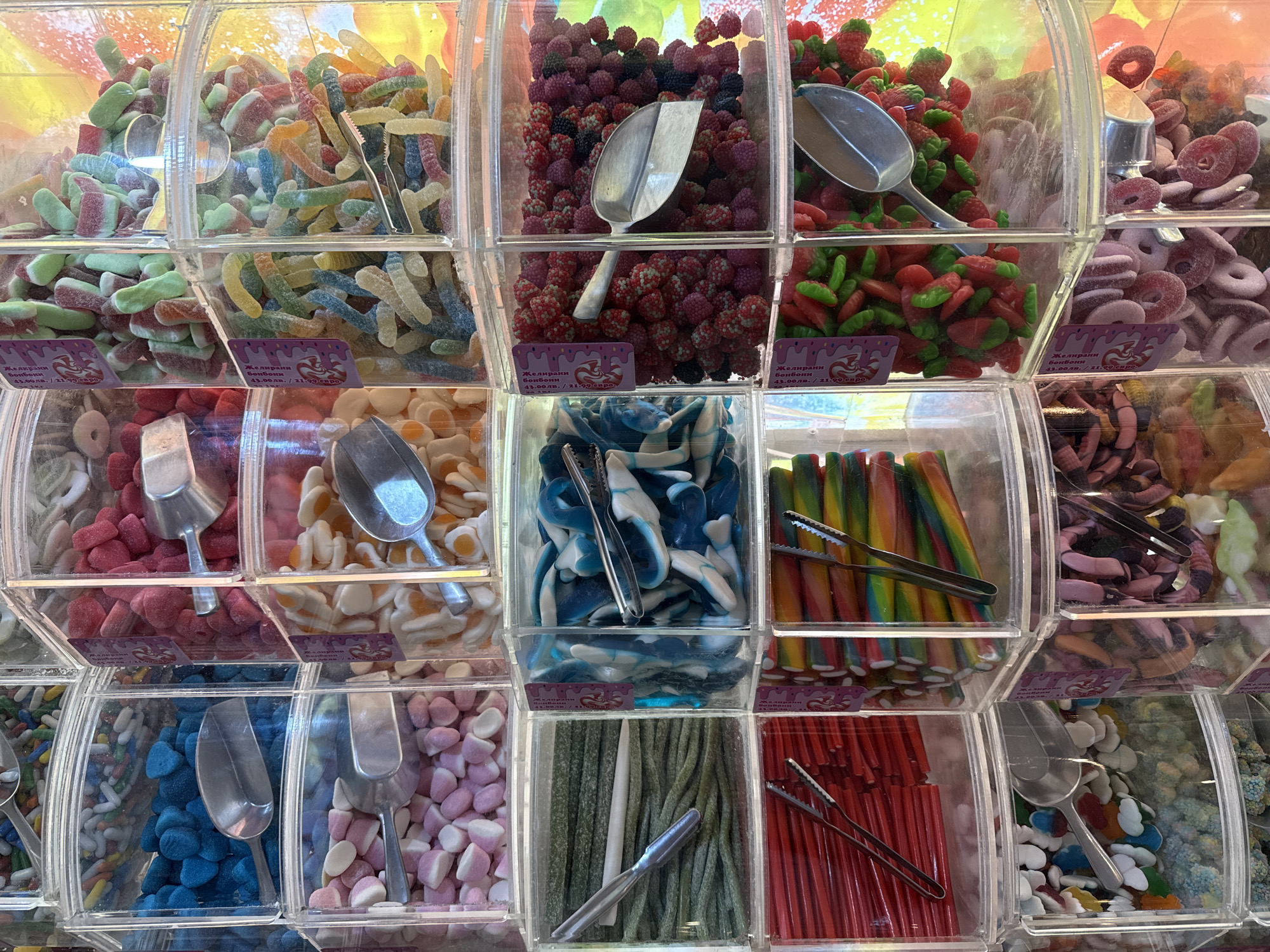 This image captures a vibrant, well-lit bulk candy display within a retail establishment in Sofia, Bulgaria. The display consists of numerous clear, modular plastic bins arranged in a grid, each filled with a different type of confectionery. Metal scoops and tongs are present in most bins, indicating a self-service setup.
The top row features:
1. Green and red sour gummy bottles.
2. Assorted colorful sour gummy worms.
3. Dark red and purple raspberry-shaped gummies with a granular coating.
4. Red and green strawberry-shaped gummies with a granular coating.
5. Pink and red sour gummy rings.
The middle row features:
6. Pink and white marshmallow candies.
7. White and yellow fried egg-shaped gummies.
8. Blue and white shark-shaped gummies.
9. Multicolored (rainbow) gummy belts/straps.
10. Swirled pink/purple/black gummies (possibly snakes or rings) and light green animal-shaped gummies.
The bottom row features:
11. Small, assorted colorful sugar-coated candies (possibly pebbles or sprinkles).
12. Blue irregular-shaped sugar-coated candies.
13. Pink and white small marshmallow-like candies.
14. Dark green licorice sticks, with one white stick, arranged vertically.
15. Red licorice sticks, arranged vertically.
16. Assorted small, colorful fruit-shaped and cloud-shaped gummies.
17. Assorted small, colorful sugar-coated candies.
Purple labels are affixed to the front of several bins, prominently displaying "ЖЕЛЕИРАНИ БОНБОНИ 43.00 лв. / 21.99 евро," which translates to "Jellied Candies 43.00 BGN / 21.99 EUR." The background above the candies exhibits diffused, colorful illumination, casting a warm glow. No individuals are visible in the frame.
