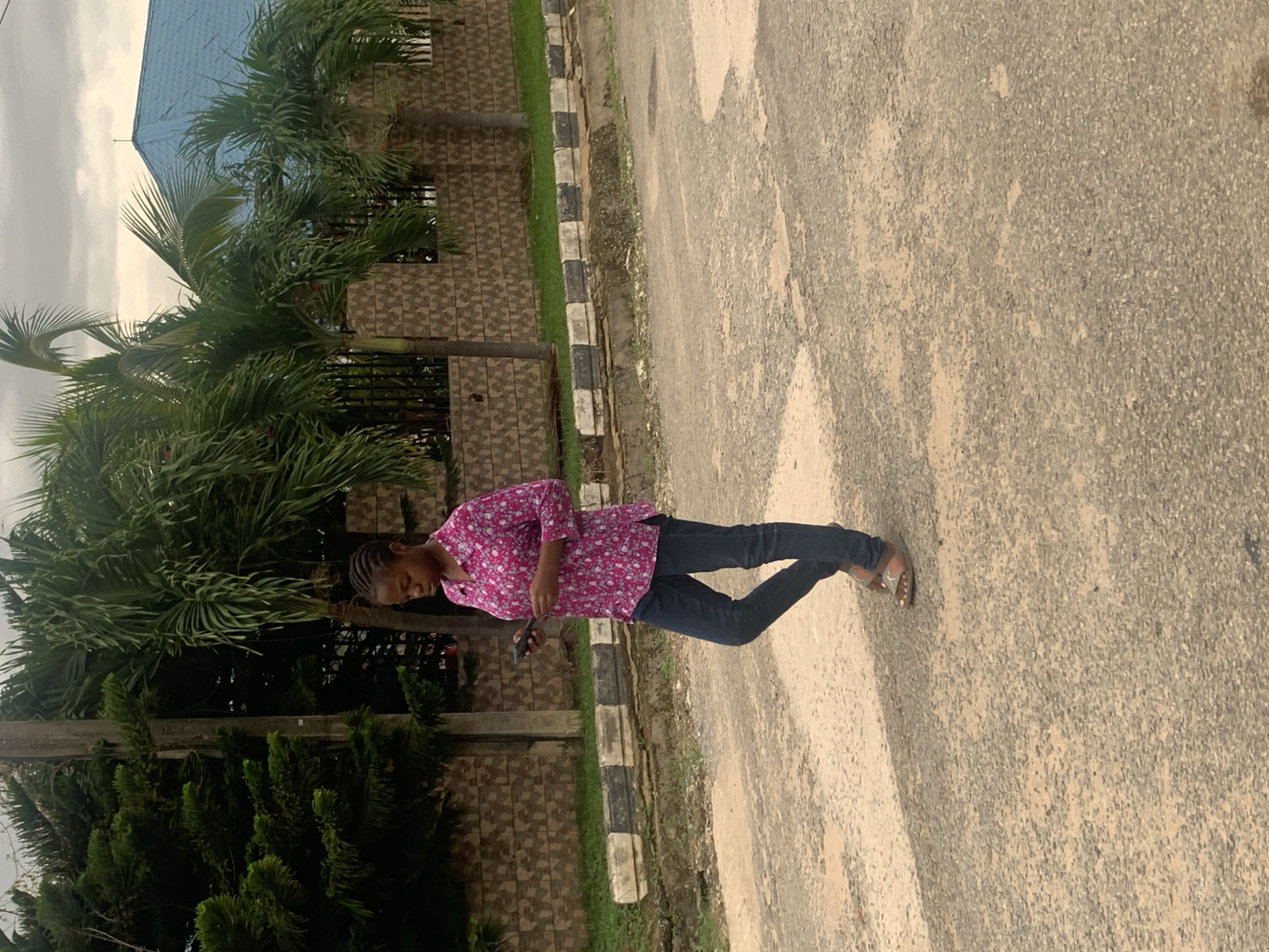 A young woman with braided hair is walking on a paved street in Abuja, Nigeria. She is wearing a pink, floral-patterned shirt and dark blue jeans. She is looking down at her phone, which she is holding in her right hand. The street is lined with a curb and grass, beyond which is a textured brick wall. Palm trees and other foliage are visible behind the wall, and a blue-roofed building can be seen in the background. The sky is overcast.