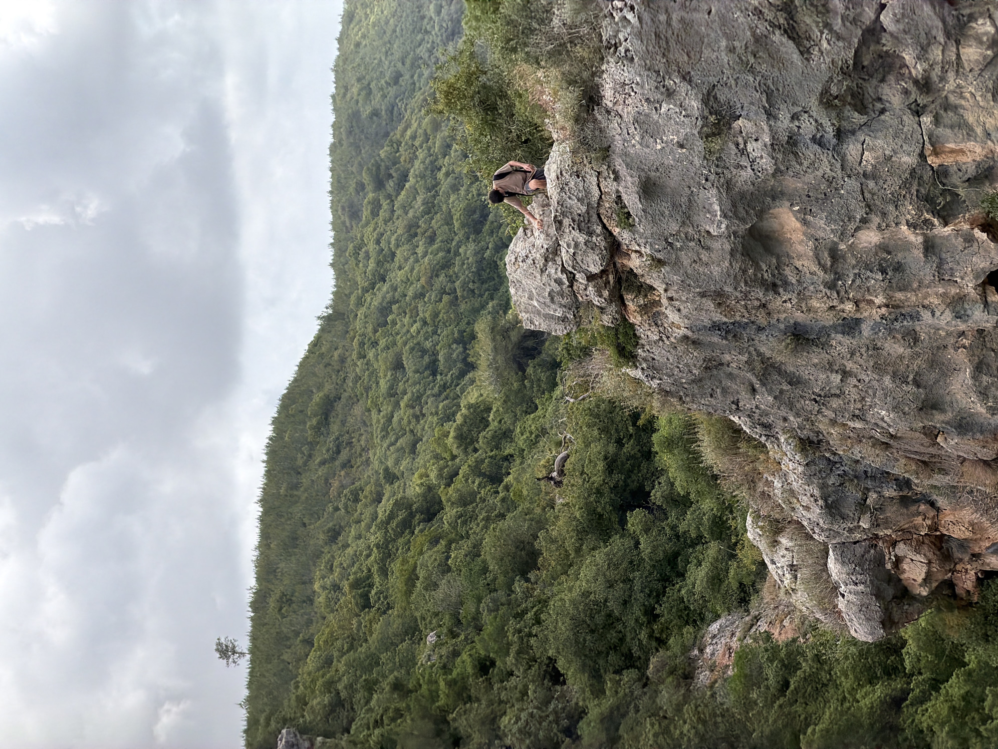 A man in shorts and a tank top is perched on the edge of a grey rock cliff, possibly climbing. Lush green trees and vegetation cover a steep slope behind him. A cloudy sky fills the left portion of the frame. The location appears to be near the city of Tirat Carmel, Israel, judging by the terrain and vegetation.