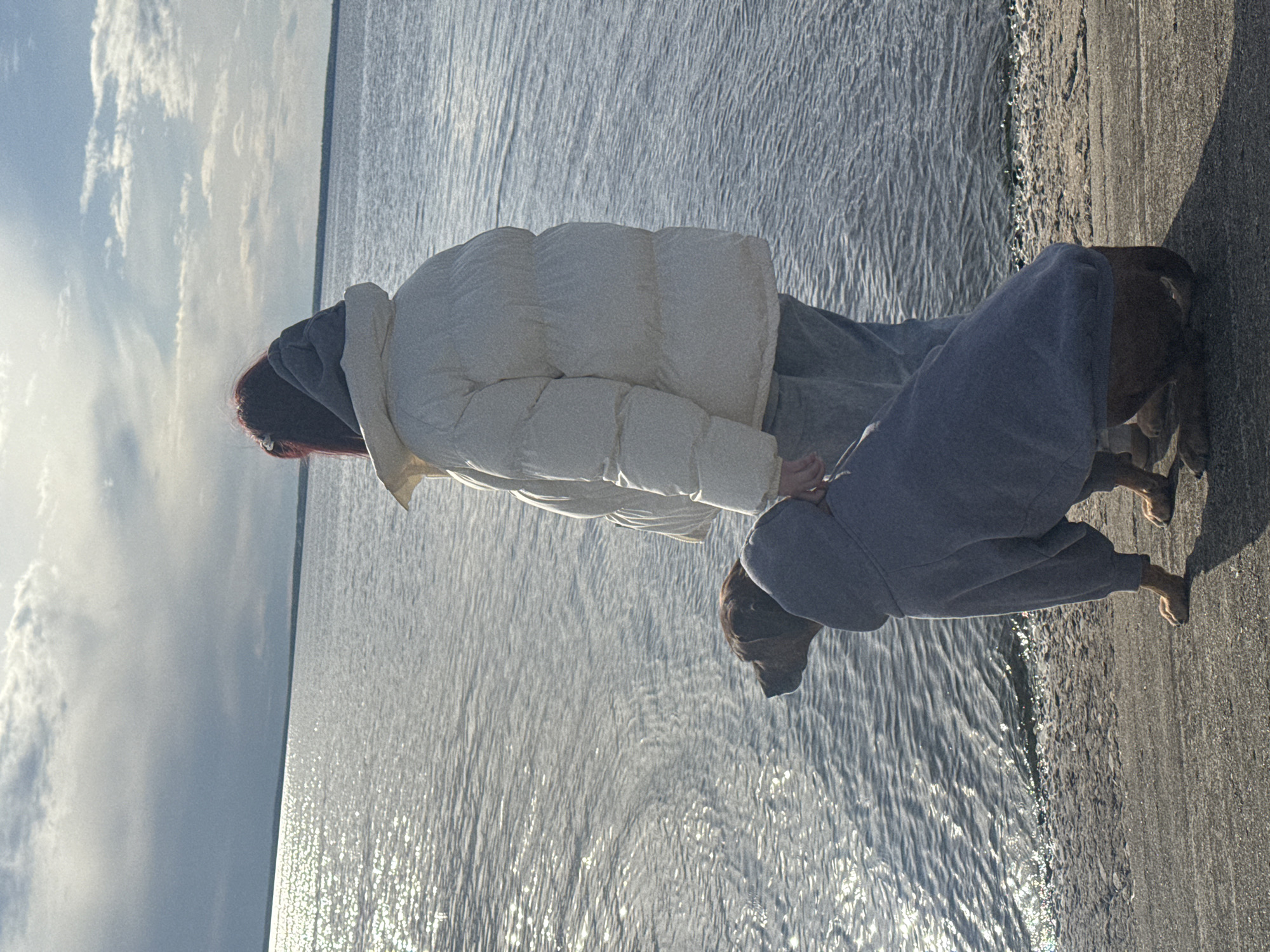 Two people, each accompanied by a dog, are standing on a concrete surface near the edge of a body of water. The person on the left is wearing a white puffer jacket and a grey hooded sweatshirt. Red hair is visible under the hood. The dog beside this person is dark brown. The person on the right is also wearing a grey hooded sweatshirt. The dog beside this person is light brown and darker brown. The surface on which they stand abuts the water's edge. The body of water extends into the background under a sky with cloudy patches. Based on the city being Zavolzhye, Russia, the body of water is most likely the Volga river or a reservoir on it.