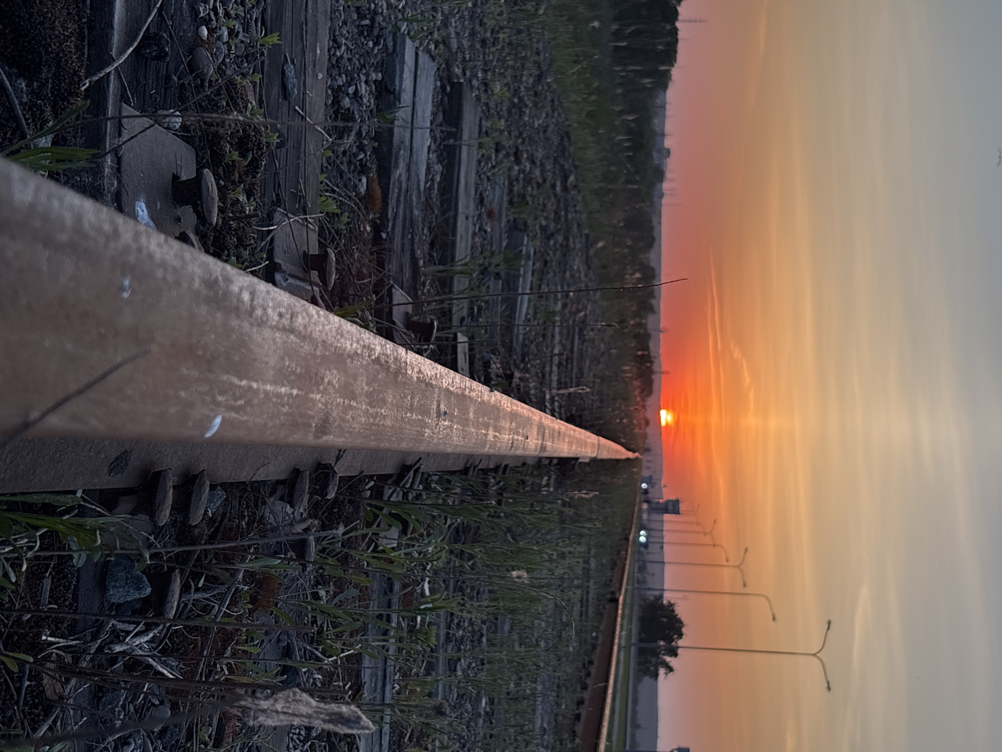 A low-angle, landscape photograph depicting a close-up view of a section of railroad track against a sunset backdrop. The foreground is dominated by the rusted metal rail of the railroad track that extends into the distance. The track is secured to wooden ties with metal fasteners. Small vegetation grows between the ties and along the gravel ballast. The background features a vibrant sunset with colors ranging from orange to pale yellow. In the distance, streetlights and buildings are visible, suggesting a city or industrial area. The location is Chaikovsky, Russia. The photograph captures the juxtaposition of nature and infrastructure under the dramatic light of the setting sun.