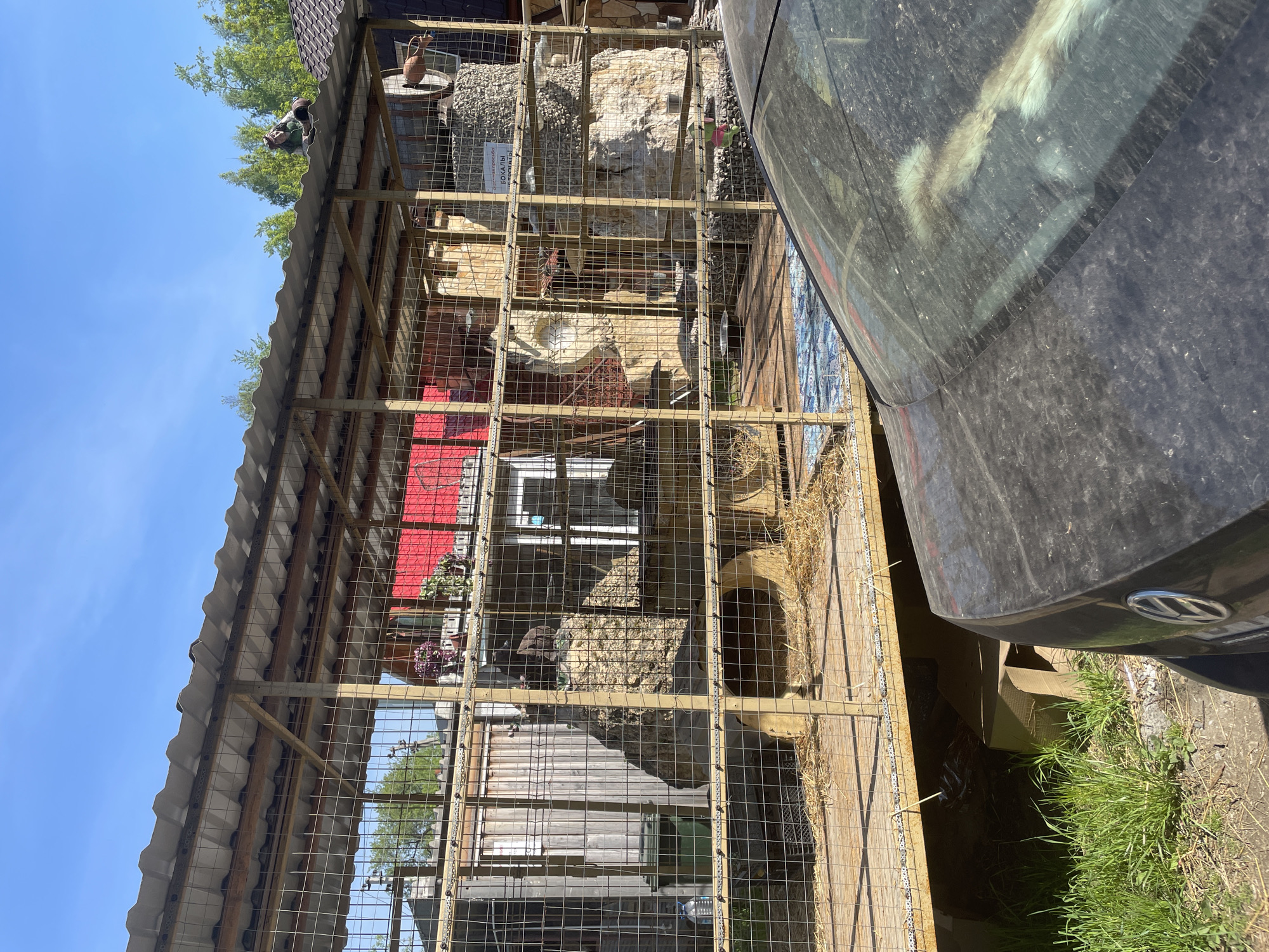 The image shows a large outdoor aviary with a wire mesh enclosure under a corrugated roof. Inside the aviary, there are several birds, including what appears to be a peacock. The aviary contains various elements, such as rocks, a small white door, and hay. A black vehicle is parked adjacent to the aviary, partially obscuring the view. The setting appears to be in Perm, Russia, though specific architectural or geographical features confirming this are not visible. The scene conveys a mix of animal containment and display, possibly in a private or semi-public setting.