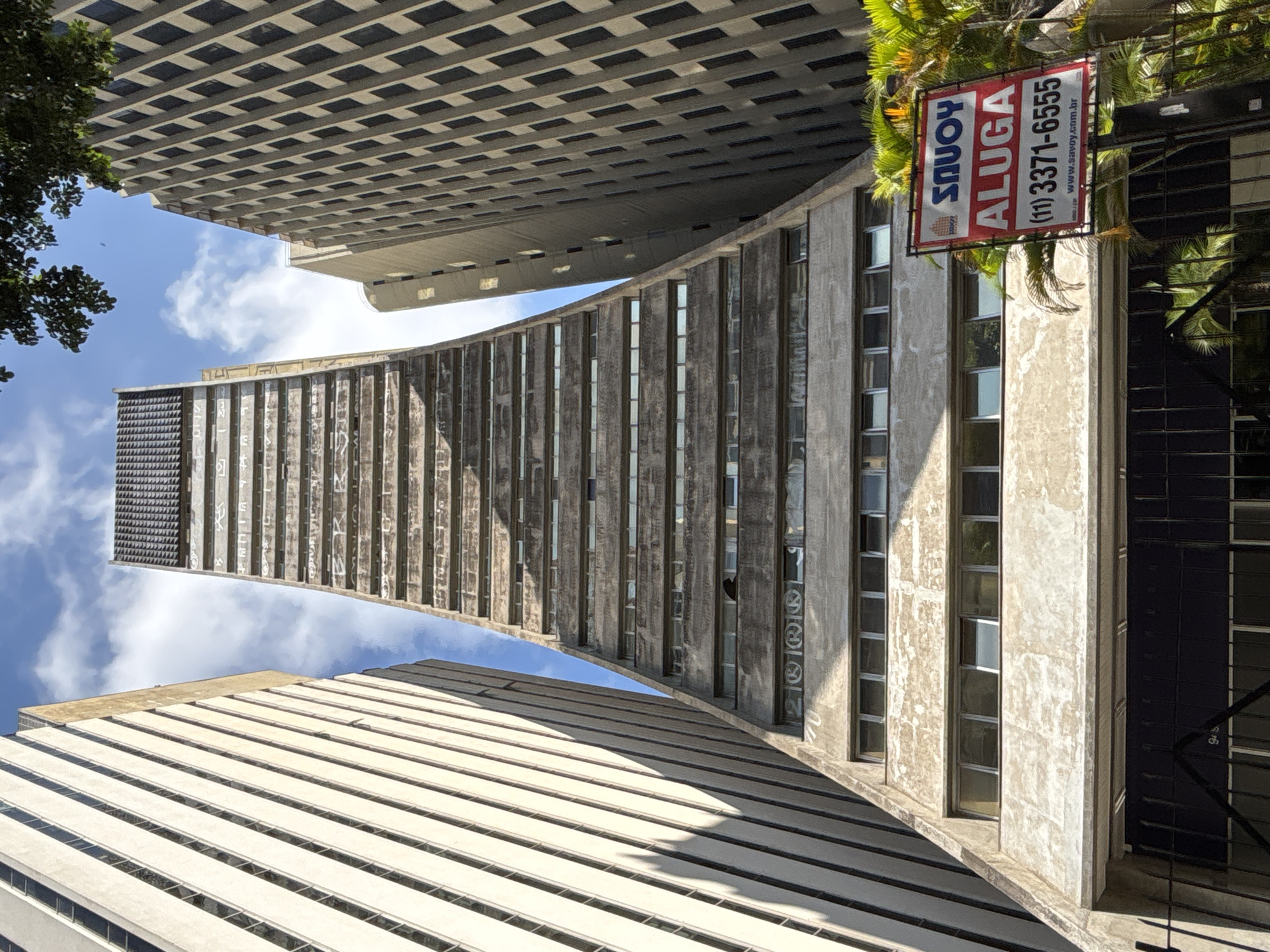 The image, rotated 90 degrees clockwise, captures a dramatic upward view of three modern buildings in São Paulo, Brazil, under a clear blue sky with scattered white clouds. In the foreground, at the bottom-right of the rotated image, is a light-colored building with numerous horizontal concrete fins creating a textured façade. Above and to the left of this, dominating the midground, is a tall, slender concrete building with a gentle curve, characterized by vertical concrete pillars and recessed windows. This building shows signs of weathering and what appears to be graffiti or markings on its surface. Further back and to the top-left, another wider building with a grid-like pattern of dark windows is visible. Green foliage from trees frames the top-left and top-right corners, with a prominent palm frond near the sign. Hanging amidst the greenery in the top-right, a red and white "For Rent" sign is prominent, displaying "SAVOY ALUGAR (11) 3371-6555 www.savoy.com.br". The bright daylight illuminates the scene, highlighting the architectural details and the contrast between the concrete structures and the sky. No specific human activity is depicted.