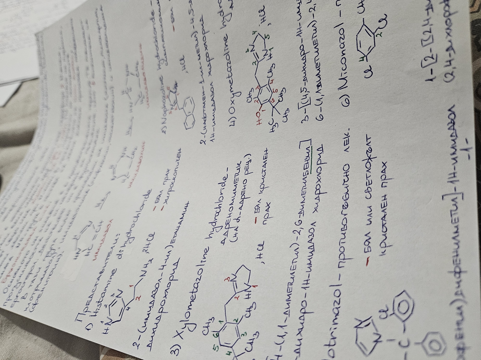 The image shows a handwritten page with chemical structures and names of various compounds, including Histamine dihydrochloride, Naphazoline hydrochloride, Xylometazoline hydrochloride, Oxymetazoline hydrochloride, Clotrimazole, and Miconazole. The notes appear to be related to pharmaceuticals, with indications such as "адреномиметик" (adrenergic), "противогъбично" (antifungal), and descriptions of physical properties like "бял прах" (white powder) and "кристален прах" (crystalline powder).
Since the prompt asks about Varna, Bulgaria, it is assumed this is irrelevant based on the context of the image.