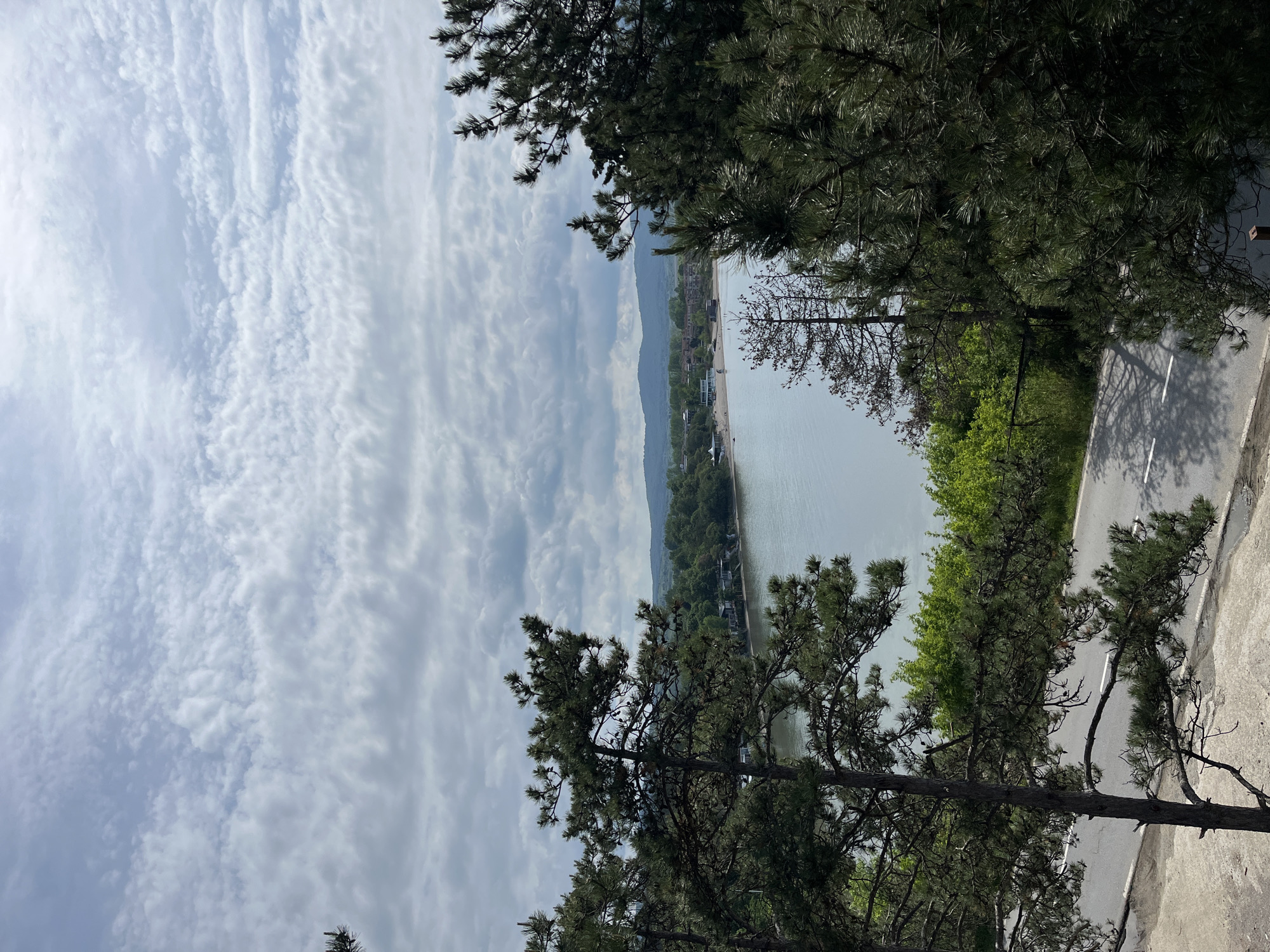 The photograph depicts a view from a high vantage point overlooking a body of water, likely a bay or lagoon, in Sozopol, Bulgaria. The water stretches towards a town nestled at the foot of distant, low-lying mountains. The sky is filled with striated clouds. The foreground is dominated by coniferous trees, which frame the view. To the right, there is a paved road with white lines, indicating a path or walkway along the edge of a built structure or cliff.