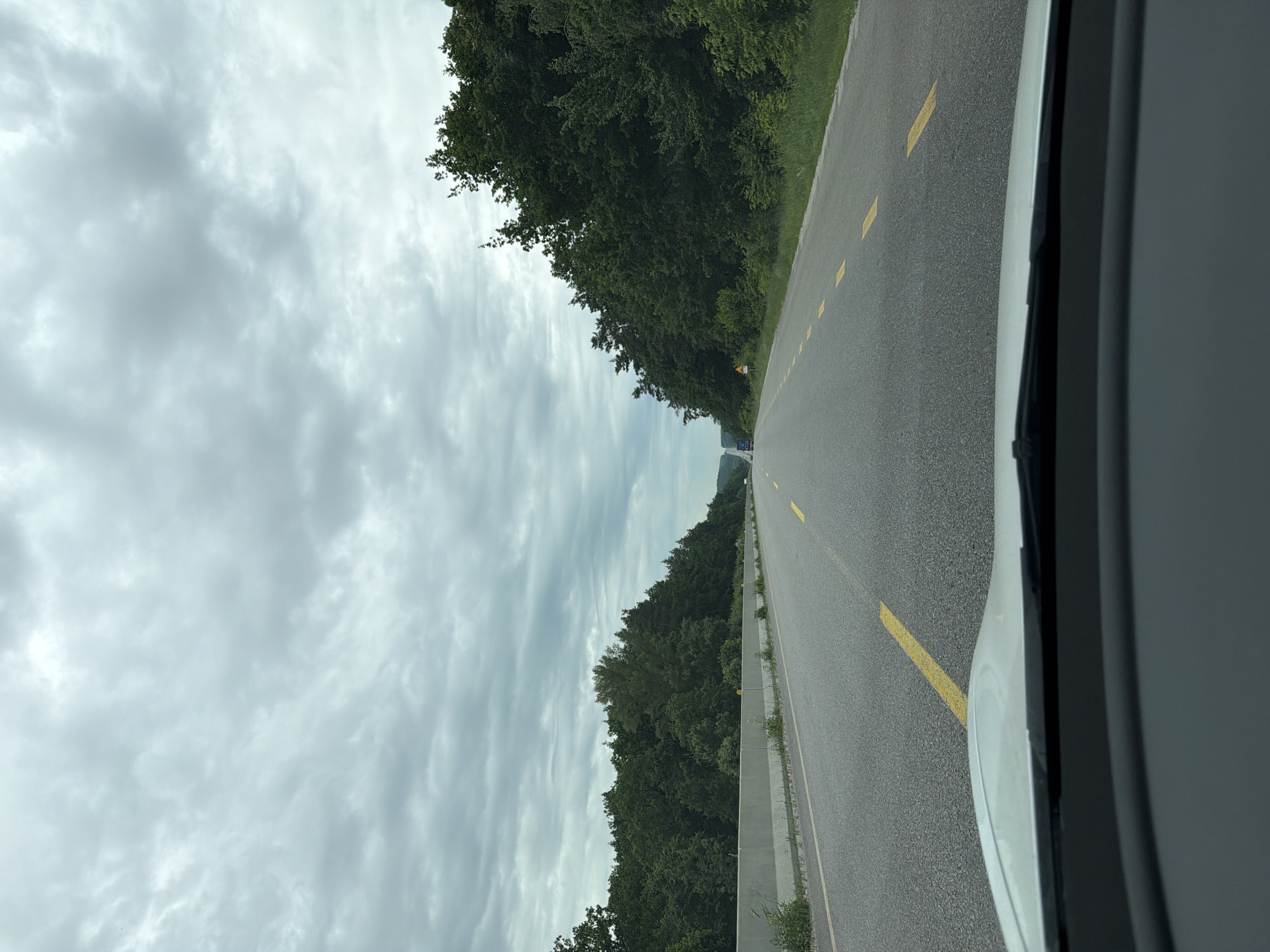 The image depicts a grey, overcast sky above a highway. The highway is paved with asphalt and marked with yellow dashed lines. A concrete barrier runs along the left side of the highway, separating it from a densely forested area. The trees are lush and green. On the right side of the highway, there is also a thick line of trees. In the distance, there is a blue truck on the highway. The foreground shows the dashboard and windshield of a vehicle. The image does not provide any specific visual cues to pinpoint the location to Bila Tserkva, Ukraine.