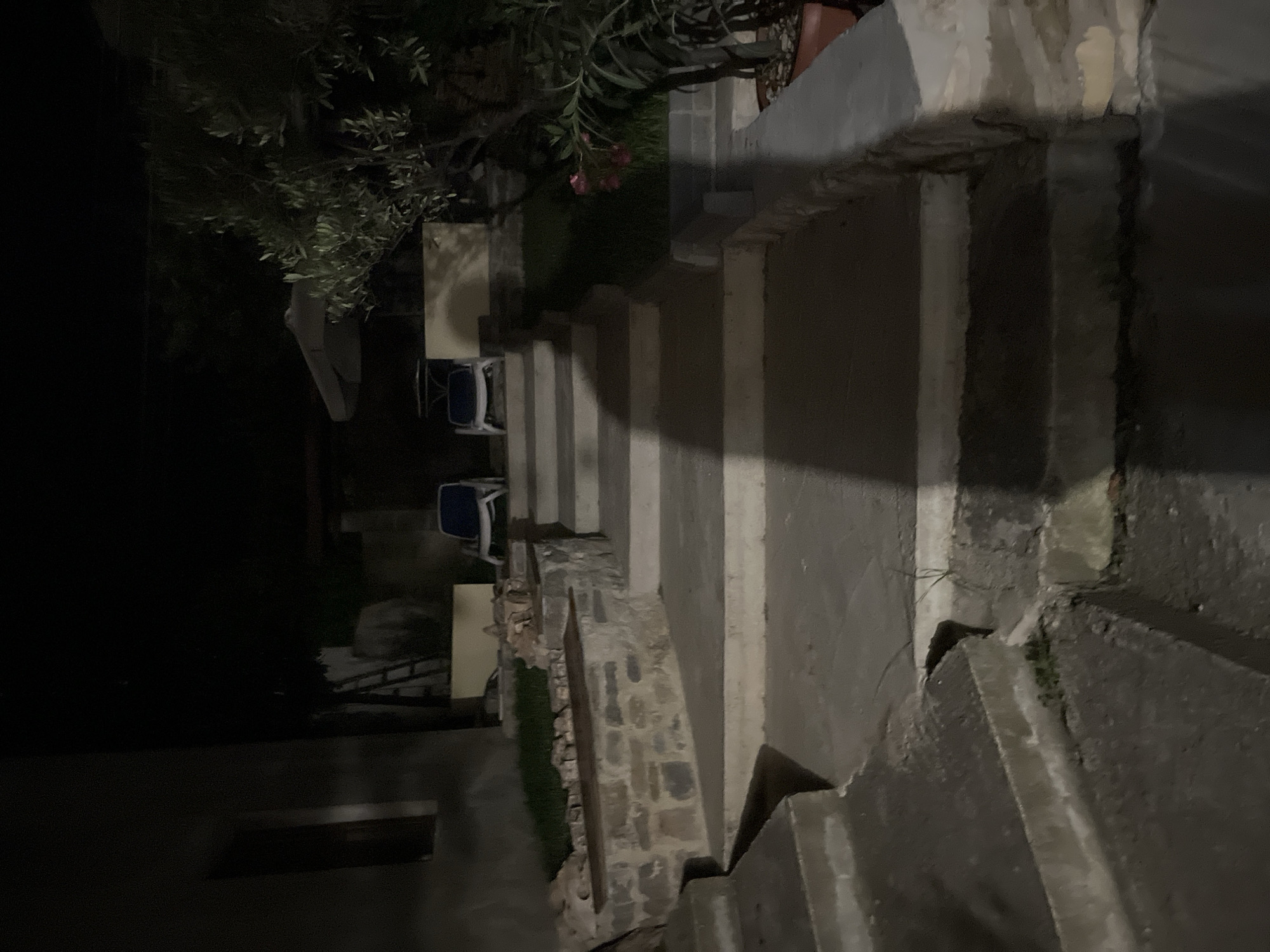 The image depicts an outdoor stone staircase at night. The staircase appears to be in a residential area, possibly a courtyard or garden. The steps are made of concrete and stone, with some vegetation growing between the cracks. There are two lounge chairs visible at the top of the stairs, one blue and white, the other white. An umbrella is also present near the chairs. A tree with green leaves and a few pink flowers is to the right of the stairs, and a potted plant is visible at the base of the tree. The area is dimly lit, with shadows cast across the stairs. The scene is located in Obzor, Bulgaria.