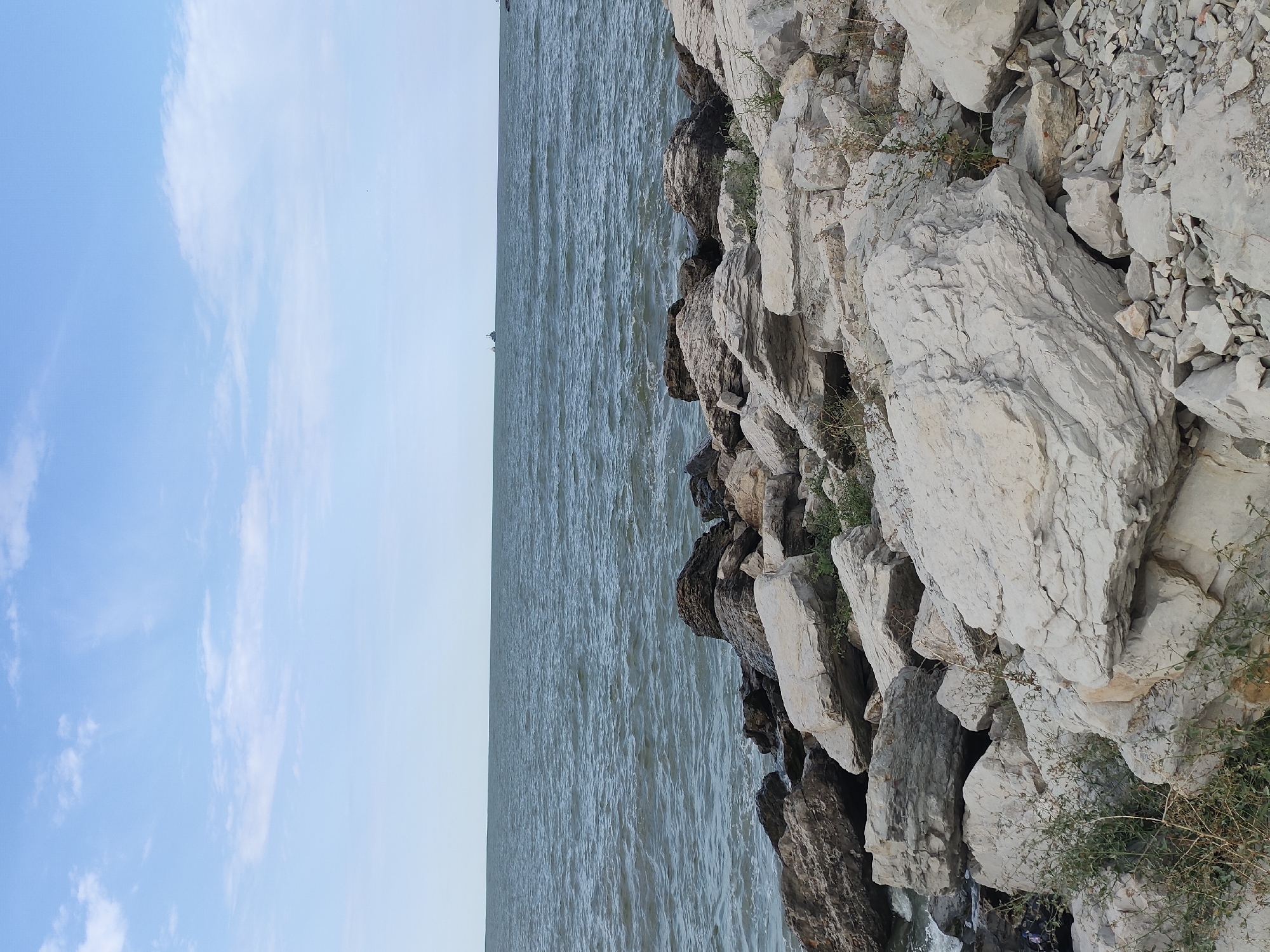The image depicts a rocky shoreline with a calm, grey sea under a pale blue sky with scattered clouds. Large, light-colored boulders dominate the foreground, interspersed with smaller stones and sparse, dry vegetation. The sea stretches to the horizon, where a faint, dark shape of a ship can be seen in the distance. The overall scene is natural and serene, with no visible signs of human activity or urban elements, suggesting a natural or undeveloped coastal area.